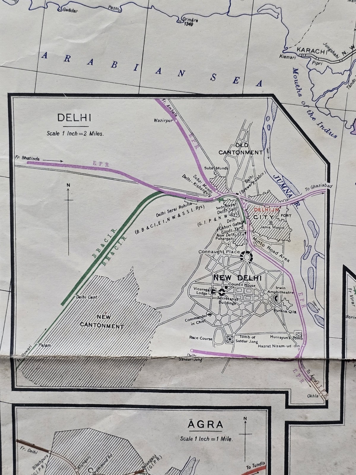 Vintage 1950s Railway Map of India Delhi Madras Calcutta Coalfields 42×32