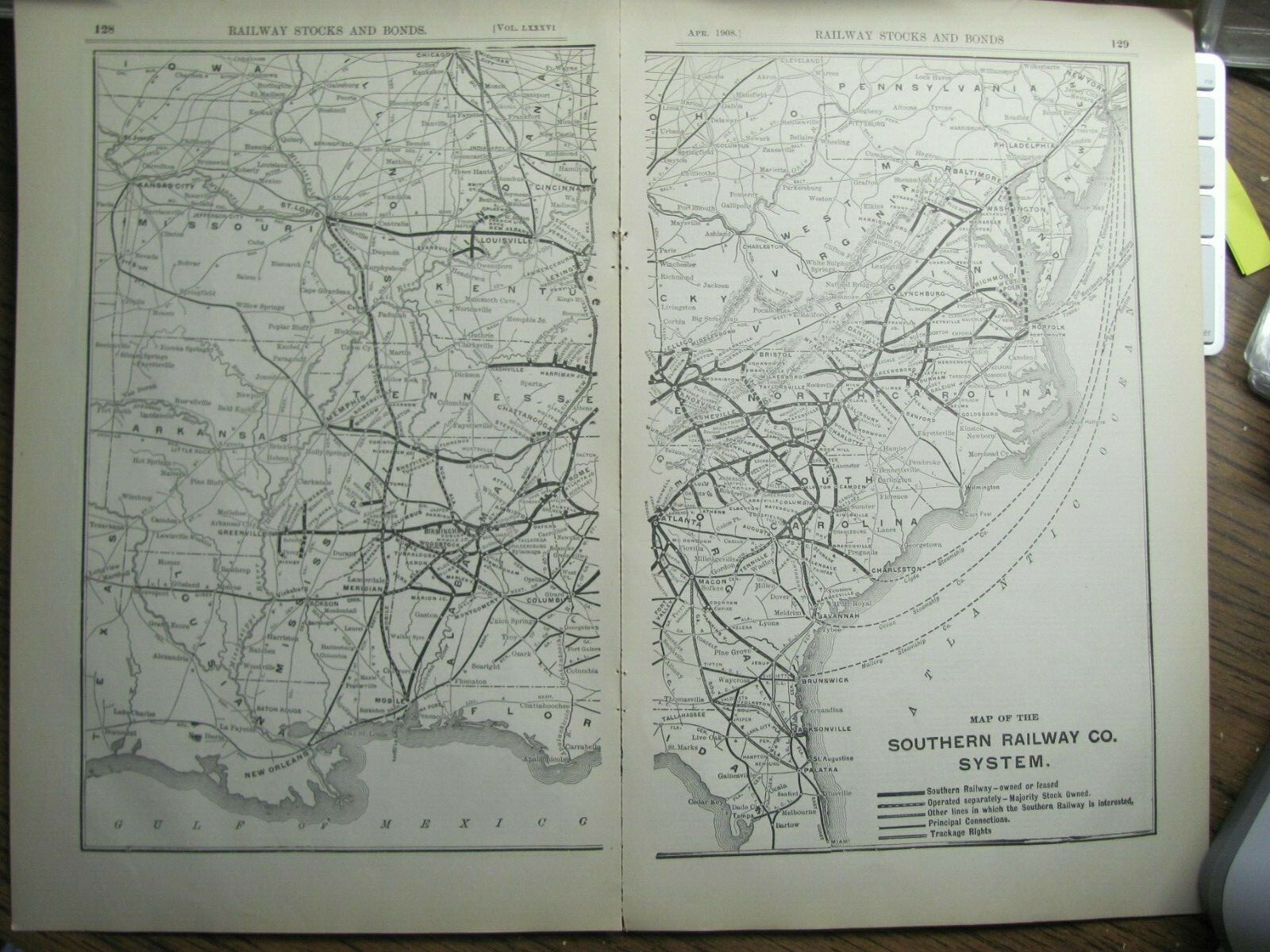 ORIG 1908 SOUTHERN RAILROAD SYSTEM MAP RR ROUTE in FL AL MS TN SC NC VA KY MD