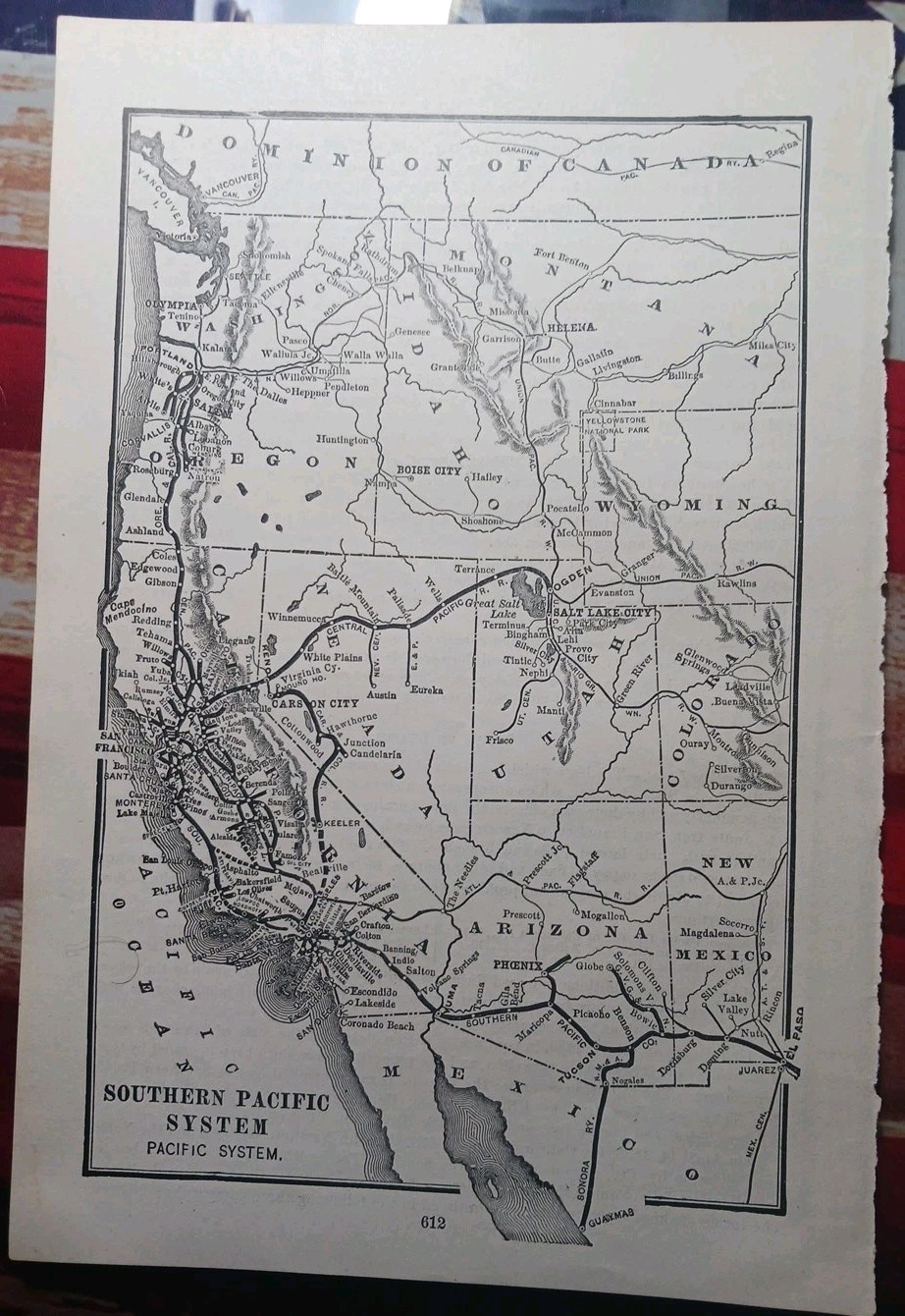 1901 Railway Map SOUTHERN PACIFIC SYSTEM railroad Train Routes California AZ OR