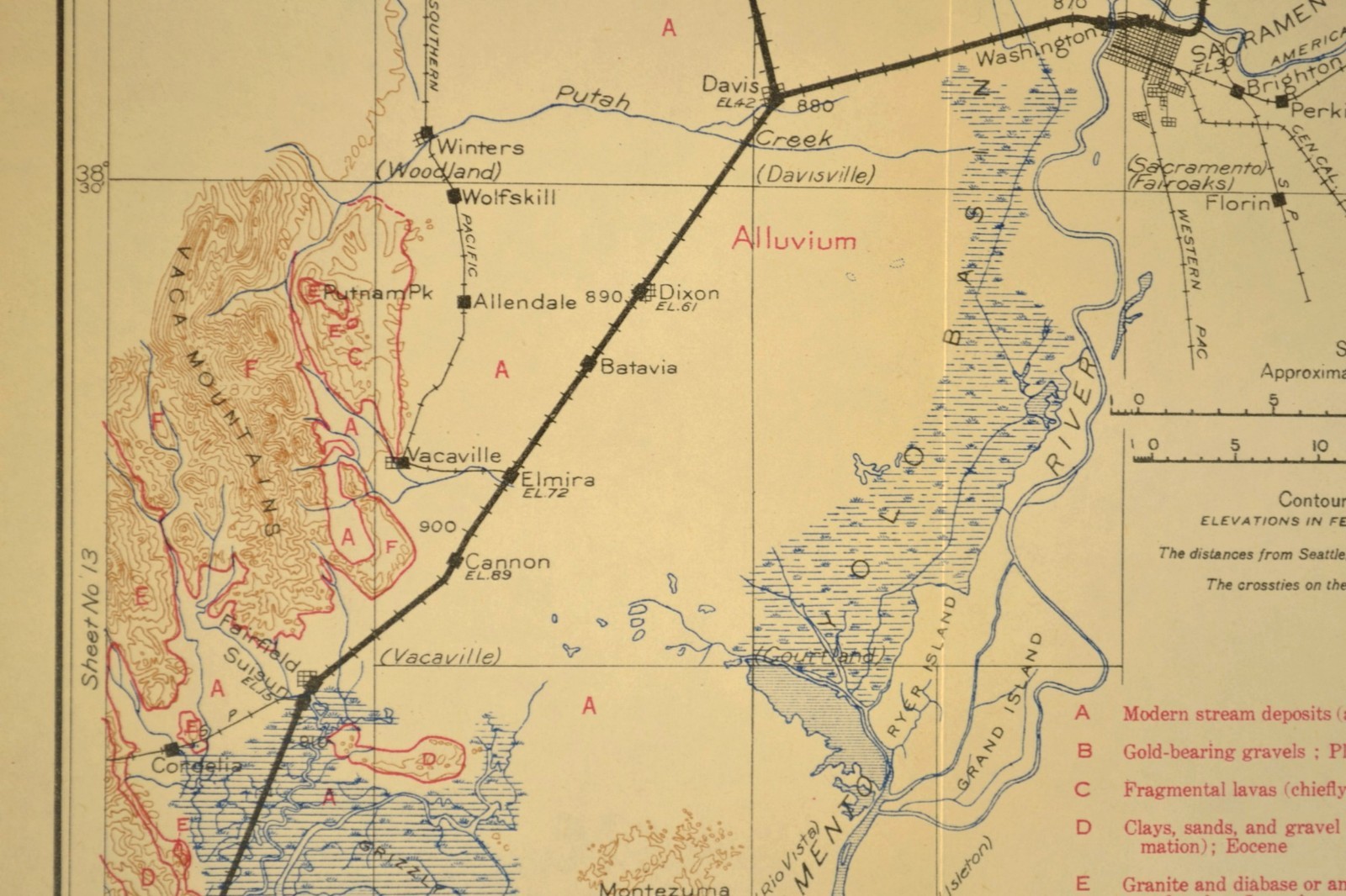 1915 Antique Southern Pacific Railroad Map Line Sacramento California Concord CA