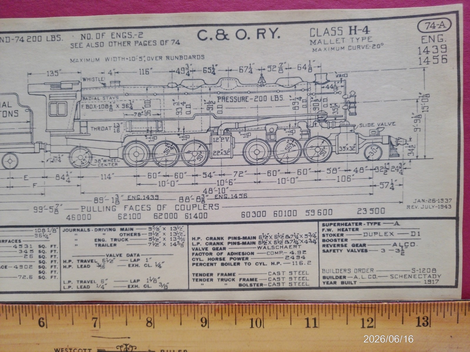 CHESAPEAKE & OHIO RAILROAD ORIG PRINTED DIAGRAM CLASS H-4 LOCOMOTIVE #1439 #1456