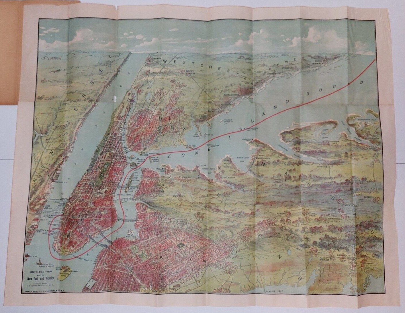 Long Island Sound Birds Eye View Map East & North Rivers 1909 CS Hammond 24×19