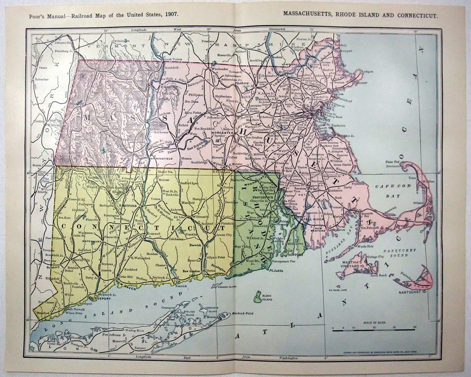 Original 1907 Railroad Map of Massachusetts Rhode Island & Connecticut. Antique
