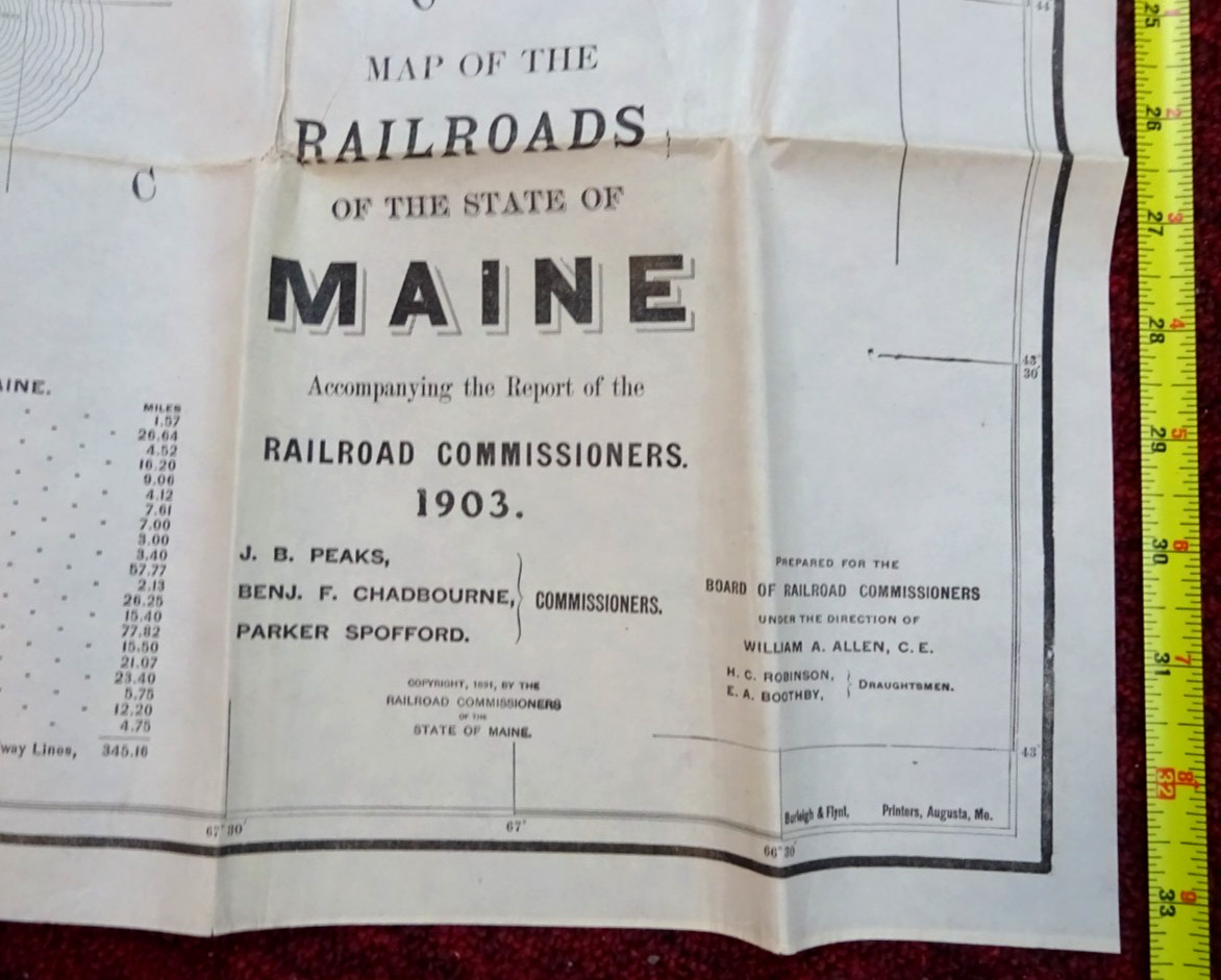 BIG 1891 WALL MAP OF RAILROADS MAINE 30″ x 33″ REPRINTED 1903 BY COMMISSIONERS