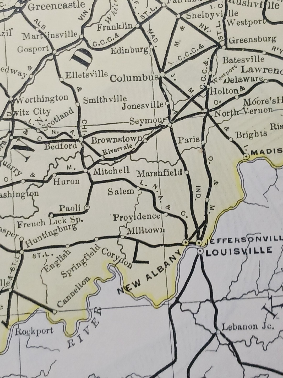 1891 Antique Railroad Map ILLINOIS & INDIANA all Train Route lines Depots 11×9″