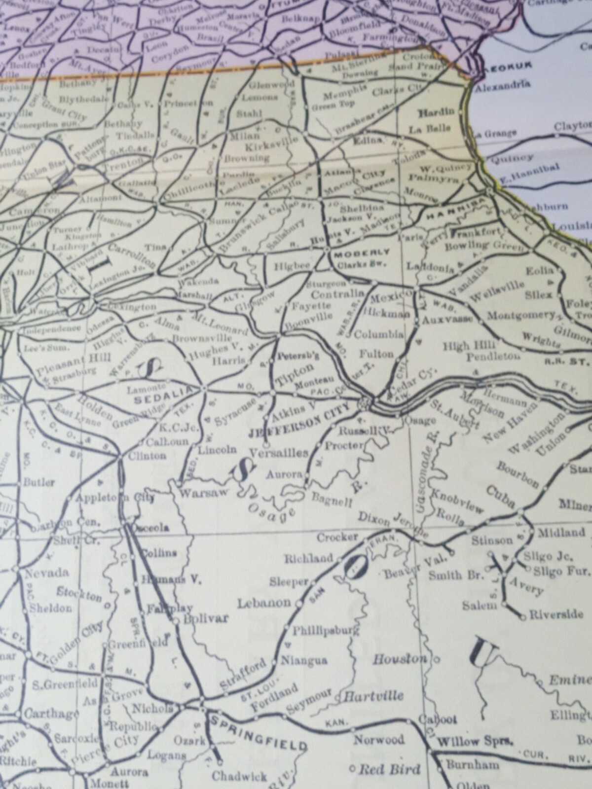 1898 rare MISSOURI IOWA color railroad map all RR stations & train routes 11×9