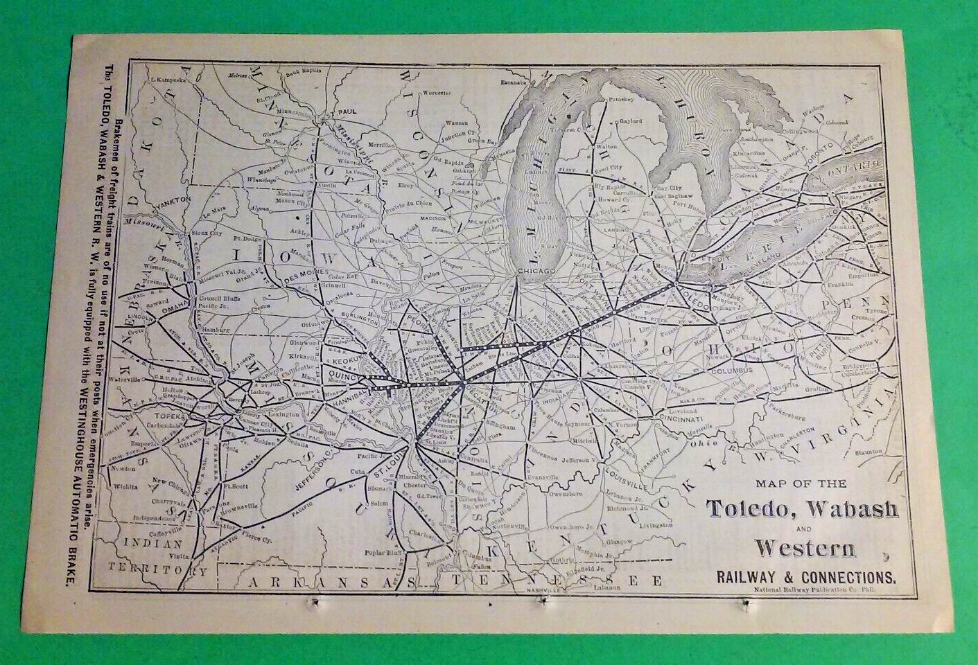 Rare 1876 TOLEDO, WABASH & WESTERN Railway RxR Routes & Connections Print Map
