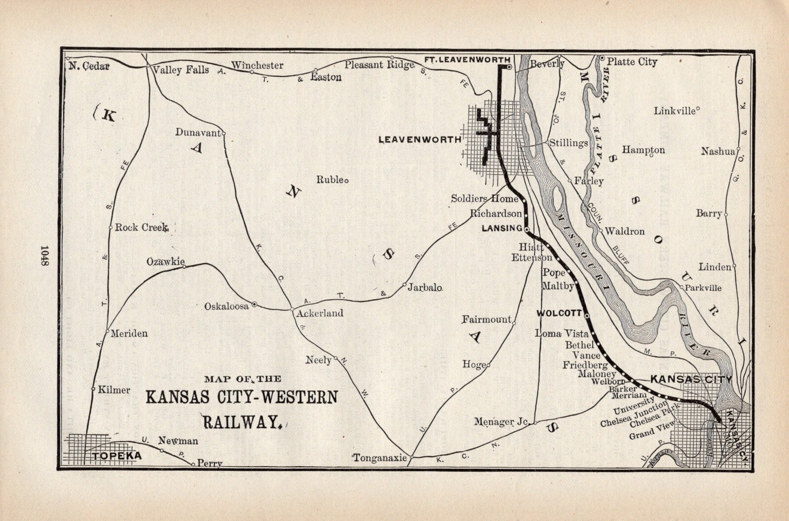 1908 Antique Kansas City Western Railway Map Railroad Map 2276