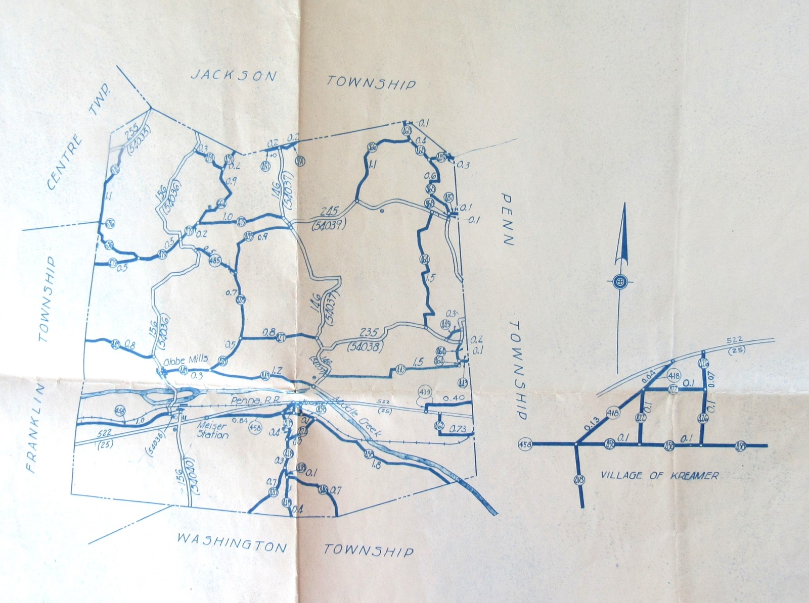 1950 PRR Map Middle Creek Township Kreamer PA Railroad Road Highway Map Route US