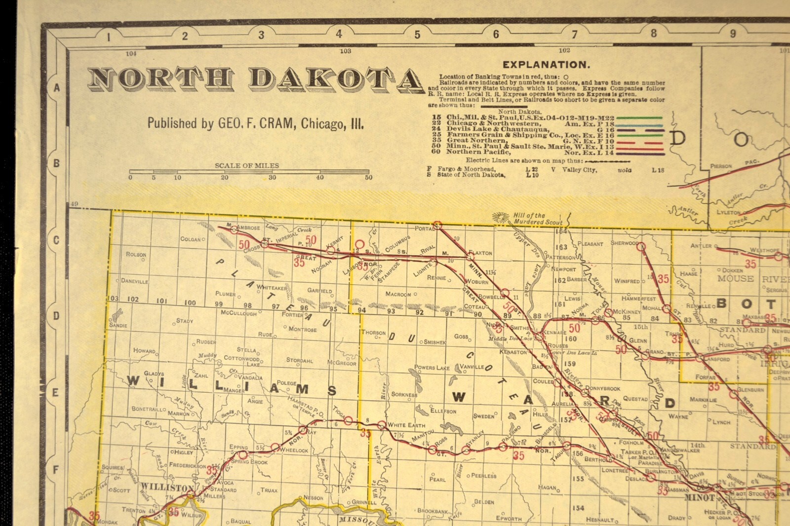 ca 1905 North Dakota Railroad Map Minnesota St Paul & Sault Ste Marie RR