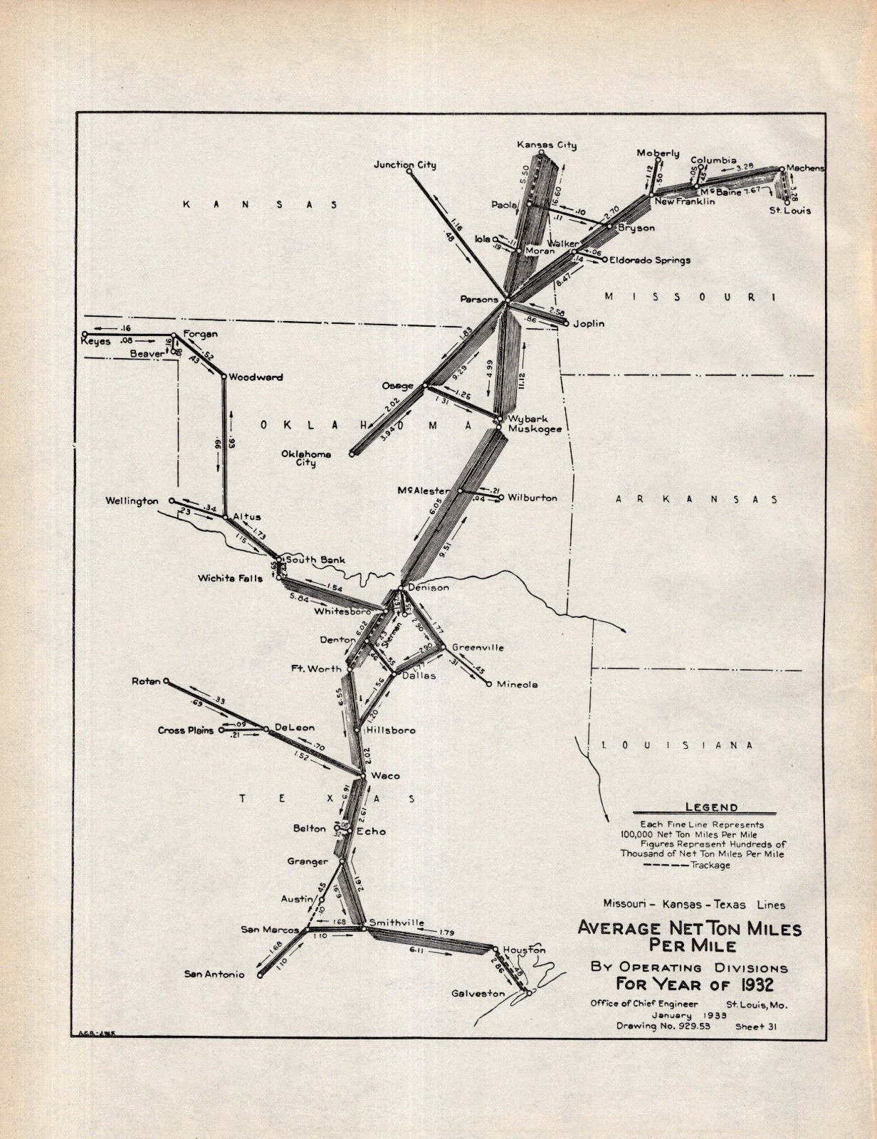 1932 Antique MKT Railroad Map Missouri Kansas Texas Lines Net Tonnage Map 2729