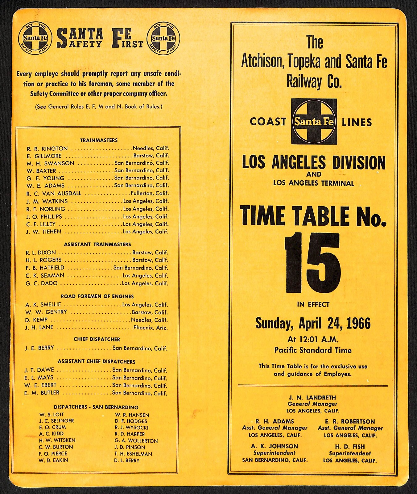 1966 UNFOLDED Atchison, Topeka and Santa Fe Railway Emp. Time Table No. 15 19pp
