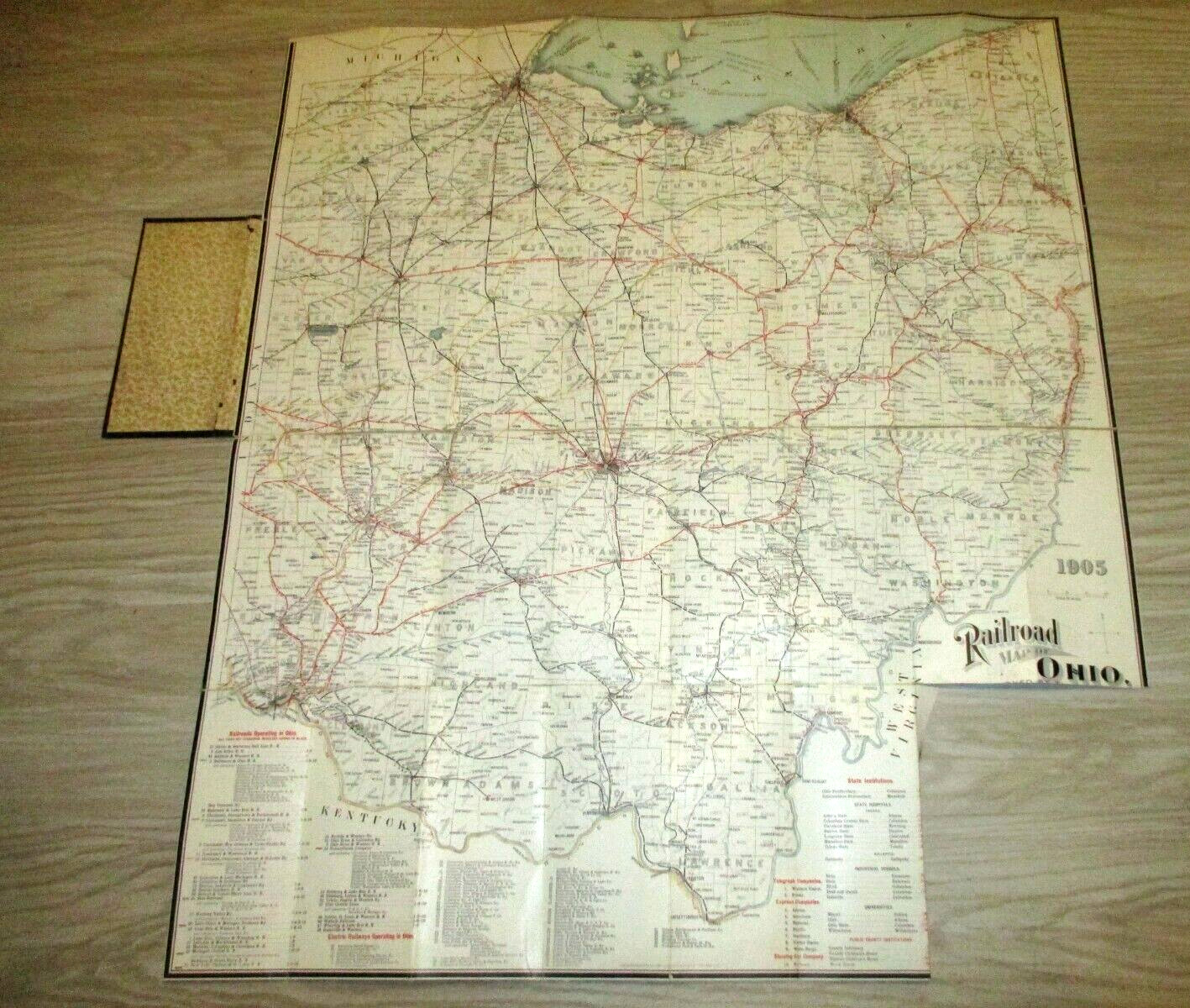 Ohio Railway map linen backing vintage 1905 train transportation collectible