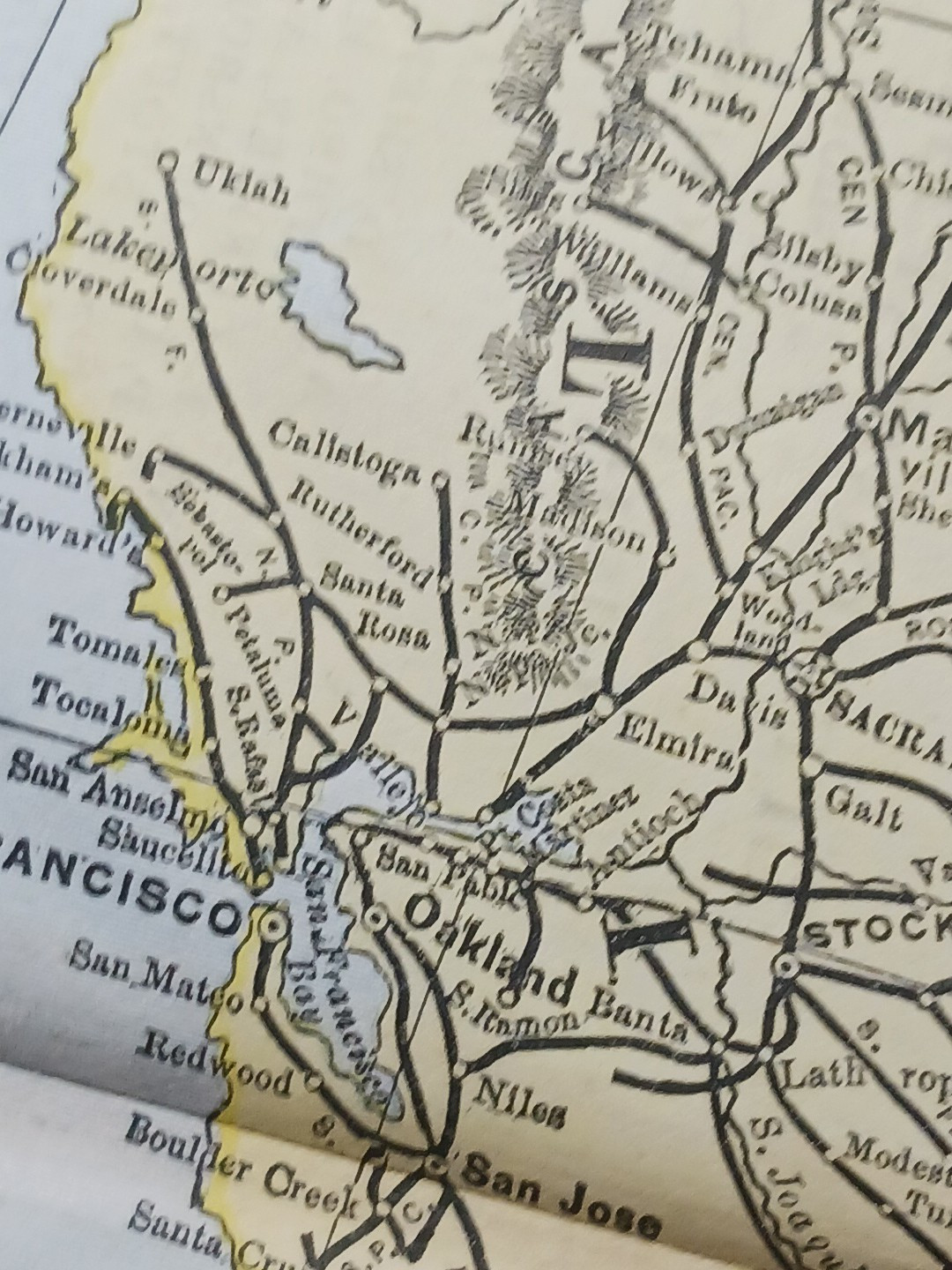 1897 Train Route Map CALIFORNIA & NEVADA all Railroad Lines Stations Towns 9×11″
