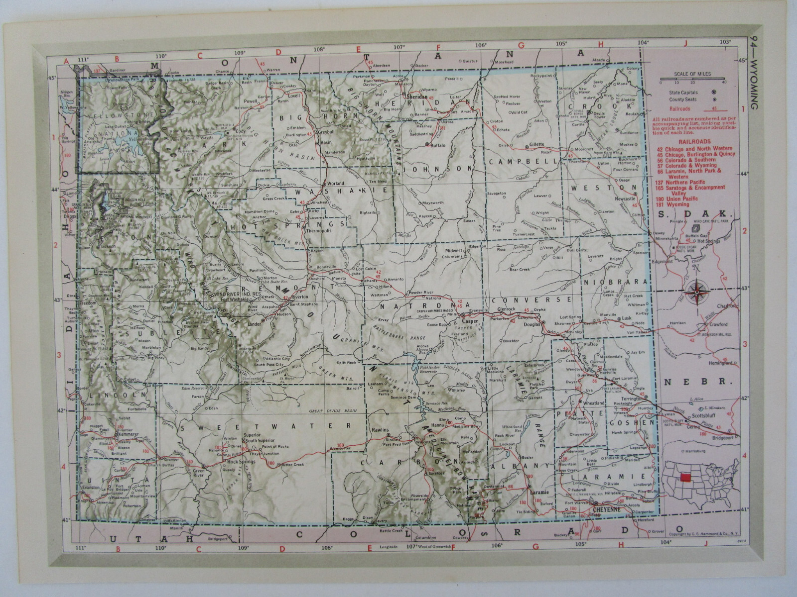 WI WY Vtg 1950 WISCONSIN RAILROAD Map LAONA & NORTHERN RR or WYOMING Map. CB&Q