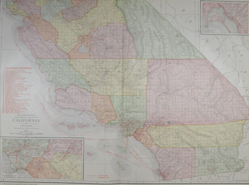CALIFORNIA – SOUTH – 1912 – RAND-McNALLY NEW COMMERCIAL ATLAS – SHOWS RAILROADS