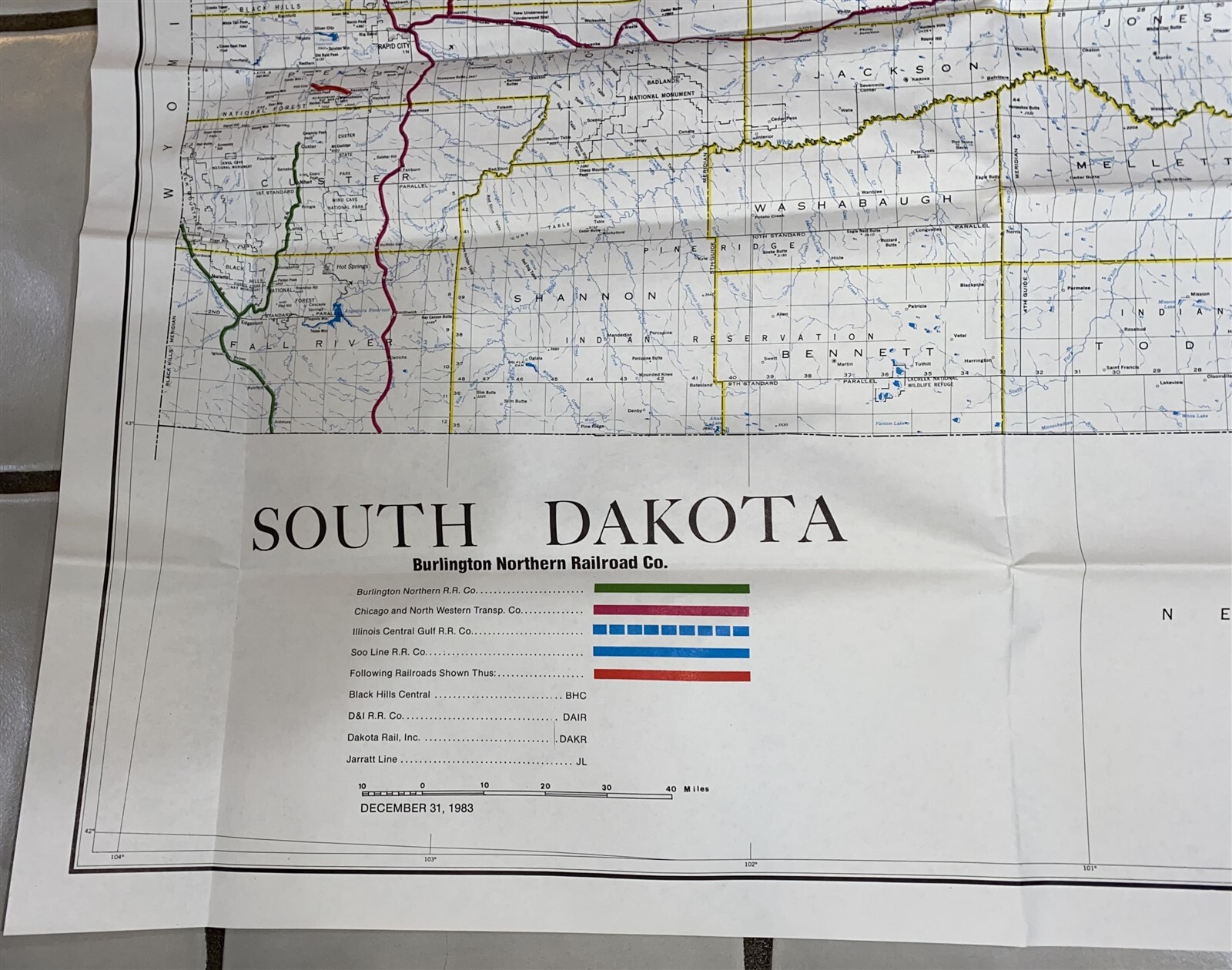 1983 Burlington Northern Railroad South Dakota Map 36 3/4″ by 26 1/4″