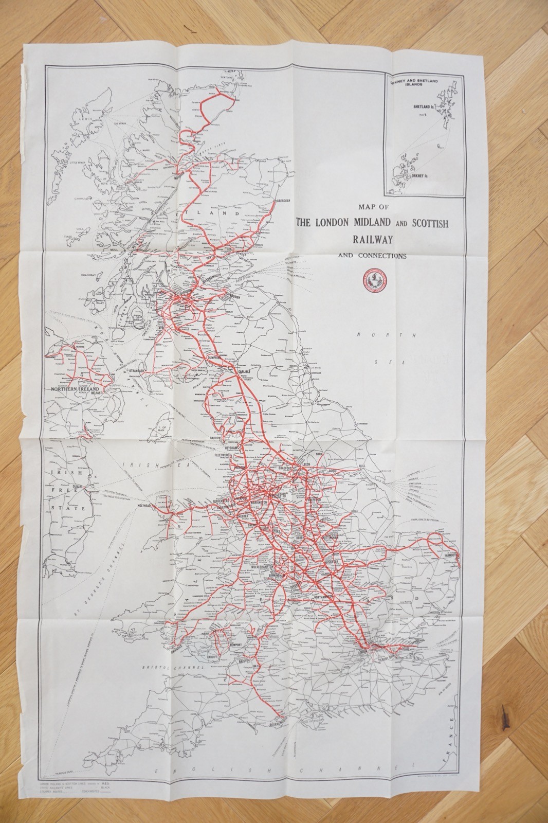 1932 LMS Large Railway Map 91cm x 57cm