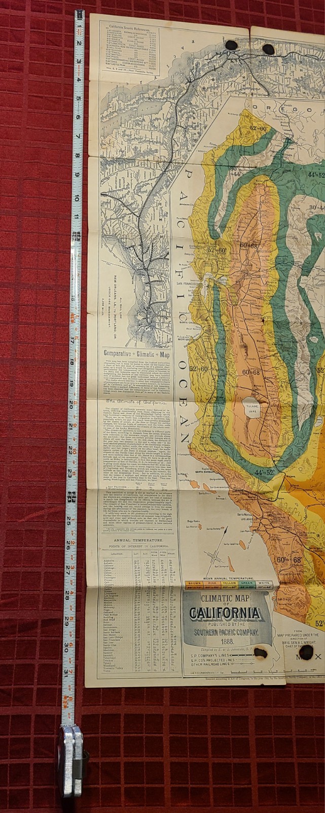 SOUTHERN PACIFIC CO. CLIMATIC MAP CALIFORNIA 1888 SUNSET ROUTE VINTAGE RAILROAD