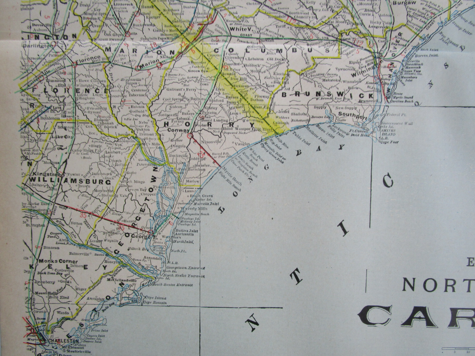 NC SC 1903 EASTERN NORTH / SOUTH CAROLINA Cram INTERURBAN + STEAM RAILROADs Map.