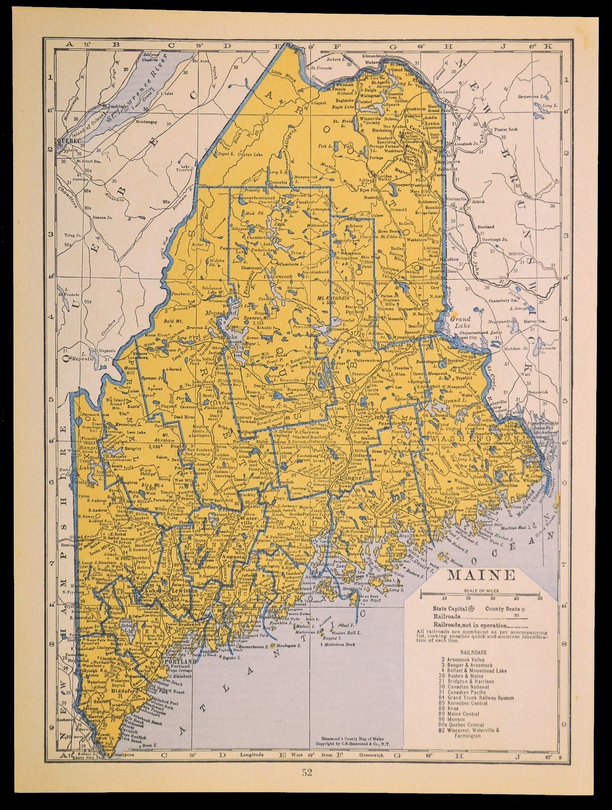 ca1939 MAINE Railroad Map Train Depot Towns MEC RR Original Historic Atlas Map
