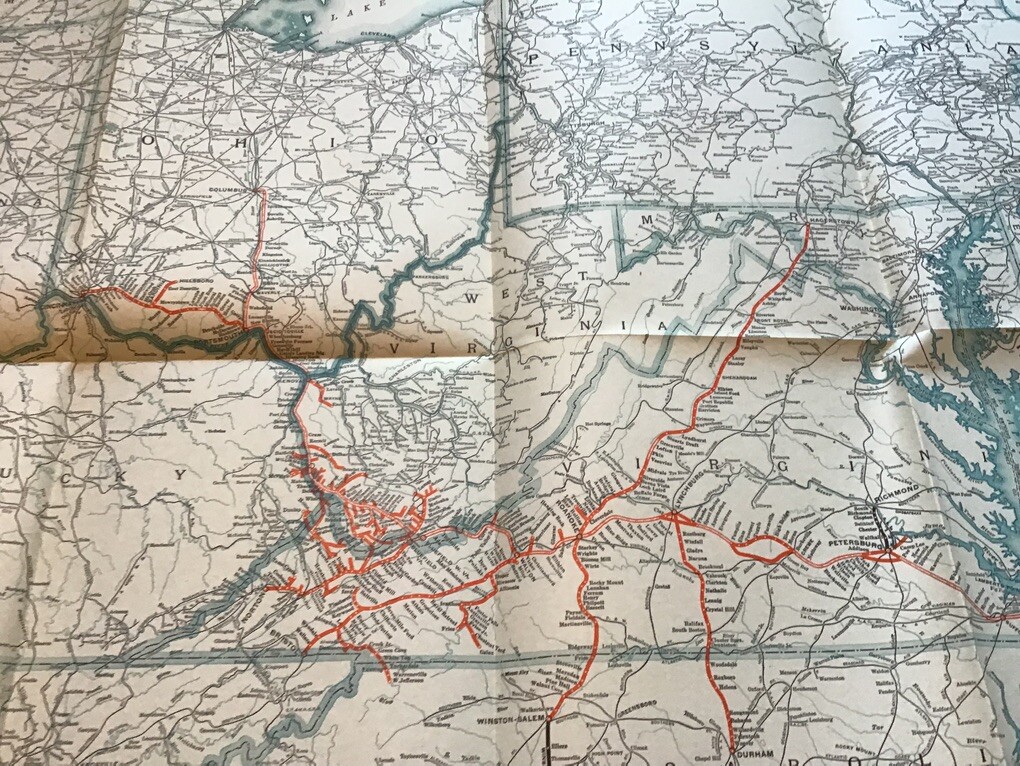 vintage railroad map: 33×22″ NORFOLD & WESTERN Railway dec 31, 1950