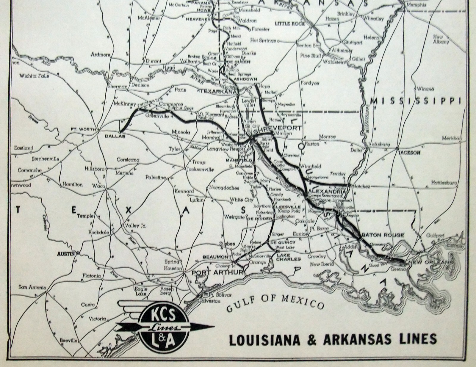Louisiana & Arkansas Lines – Original 1941 Railroad System Map. Vintage L&A