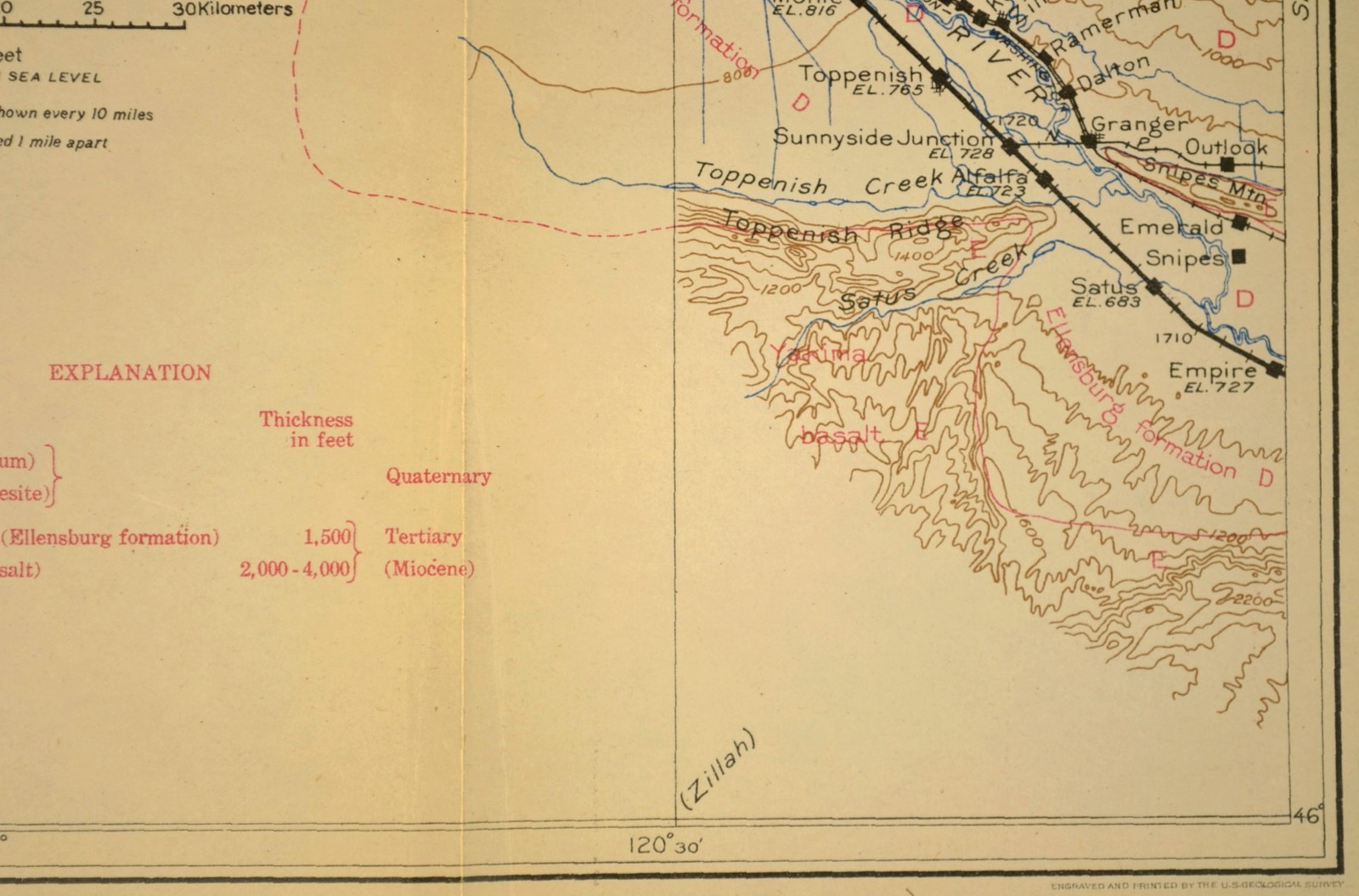 1915 Antique Northern Pacific Railroad Map Yakima Washington Toppenish WA OWR&N