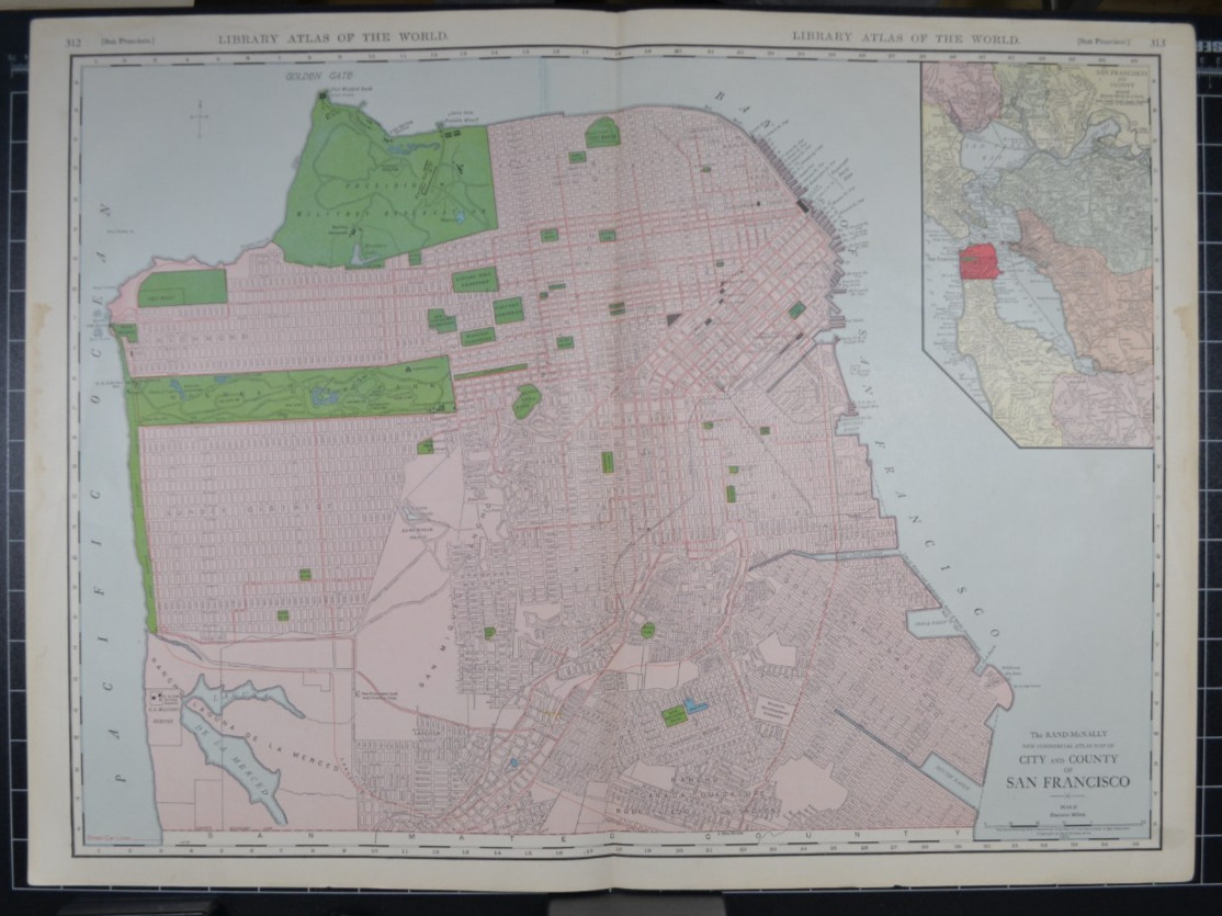 SAN FRANCISCO – 1912 – RAND-McNALLY NEW COMMERCIAL ATLAS – SHOWS RAILROADS