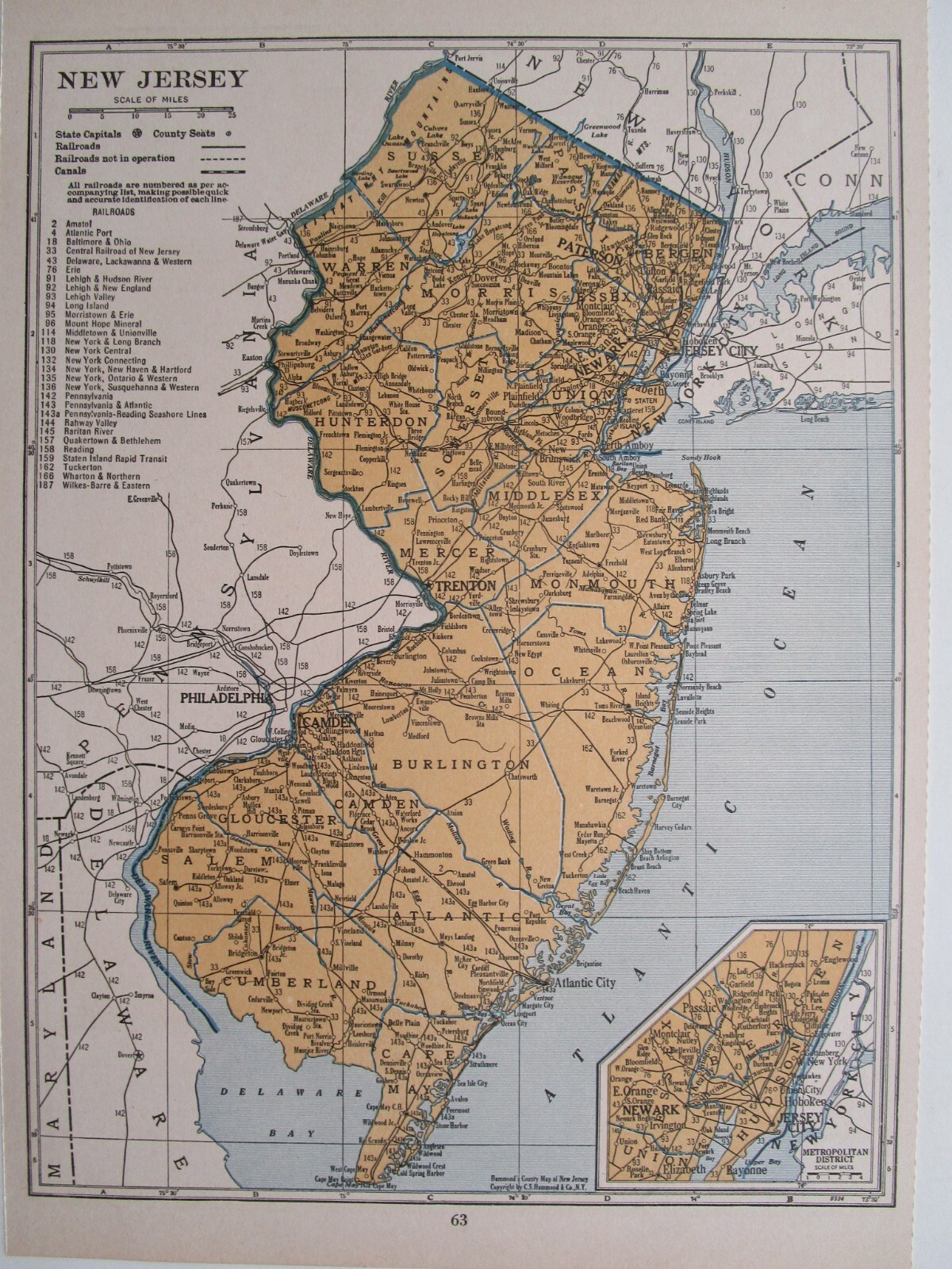 NM NJ Vtg 1939 NEW MEXICO RAILROAD Map. SANTA FE NORTHWESTERN RR or NEW JERSEY
