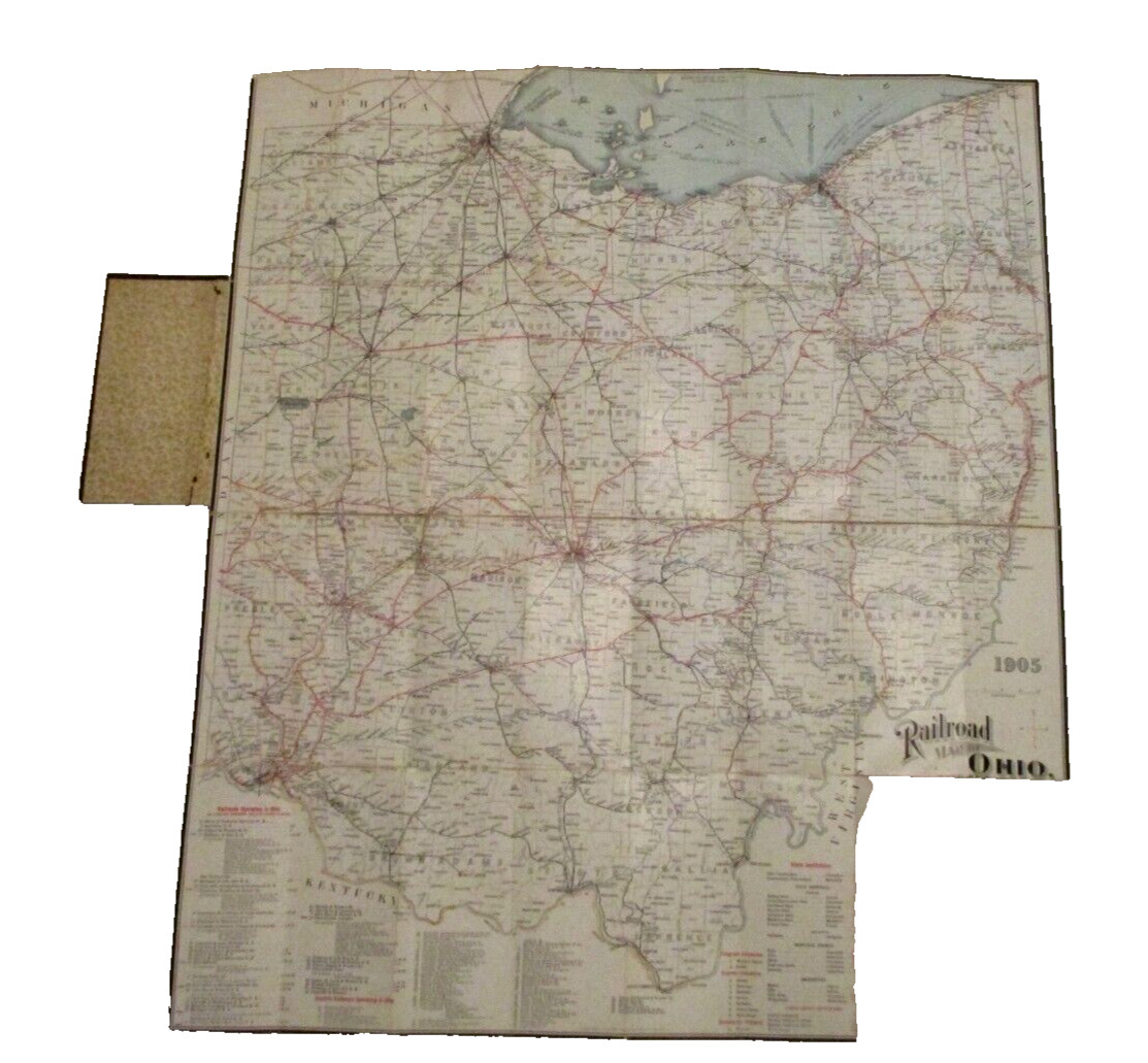 Ohio Railway map linen backing vintage 1905 train transportation collectible