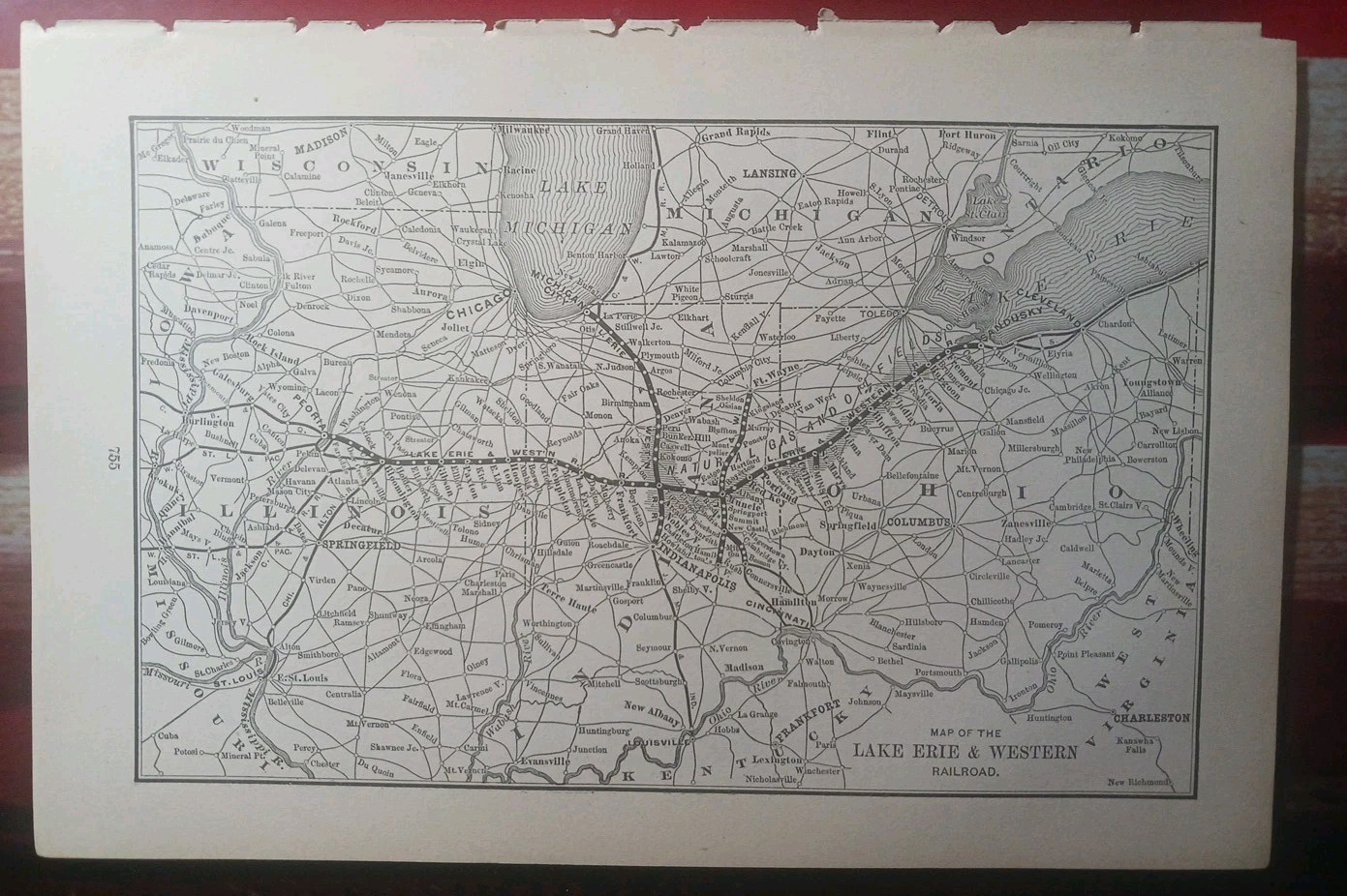 1892 Antique Railway Map LAKE ERIE & WESTERN RAILROAD all Routes Stations Depots