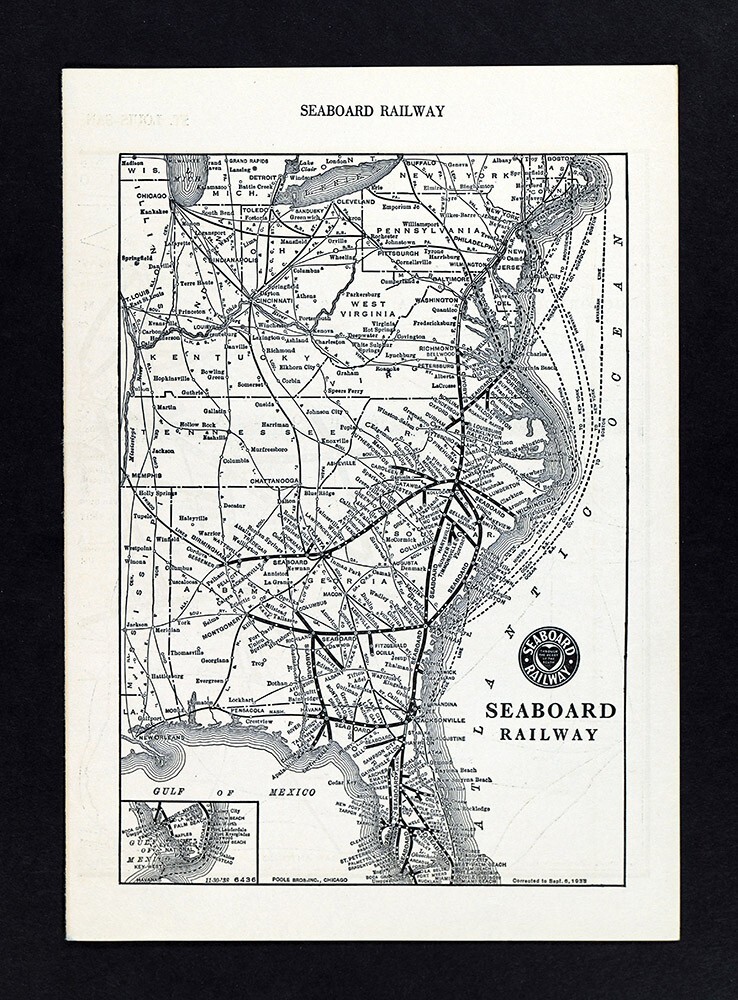 1938 Poole Bros Railroad Map Seaboard Railway Richmond Columbia Savannah Miami