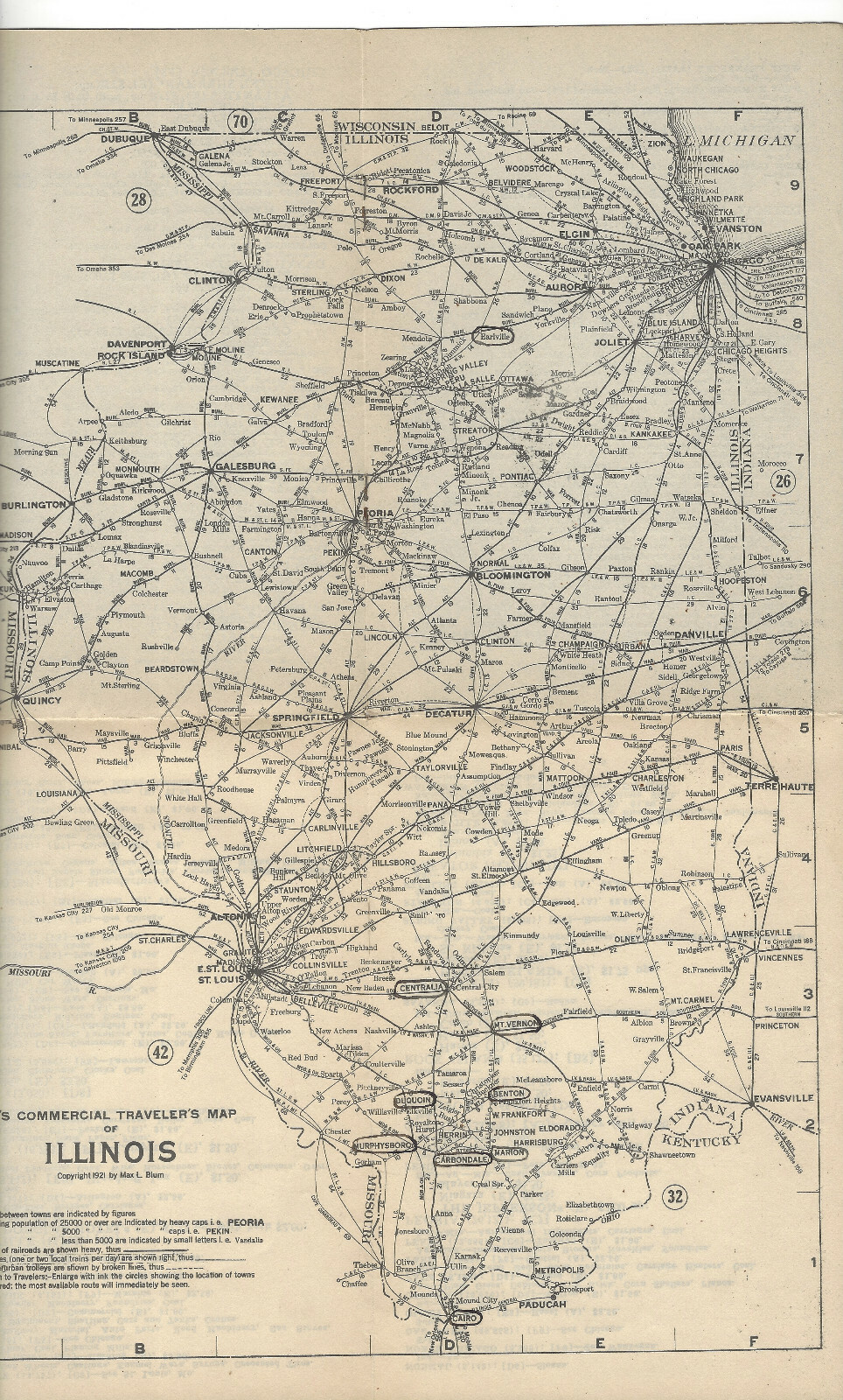 Blum’s Commercial Travelers Map of Illinois Railroad/Railway System-1923/1924
