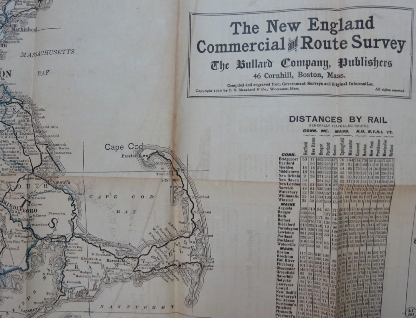 1913 FOLDING RAILROAD MAP NEW ENGLAND COMMERCIAL ROUTE SURVEY 45″x34″ BULLARD Co