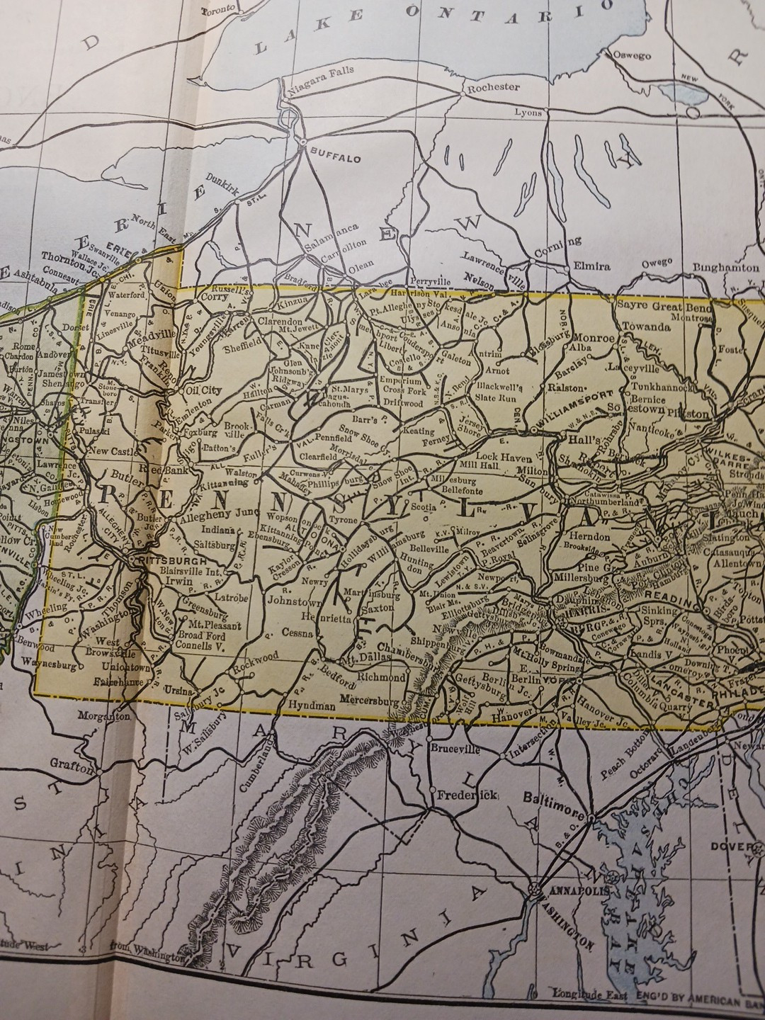 1897 Train Route Map PENNSYLVANIA & OHIO all Railroad Lines Stations color 9×11″