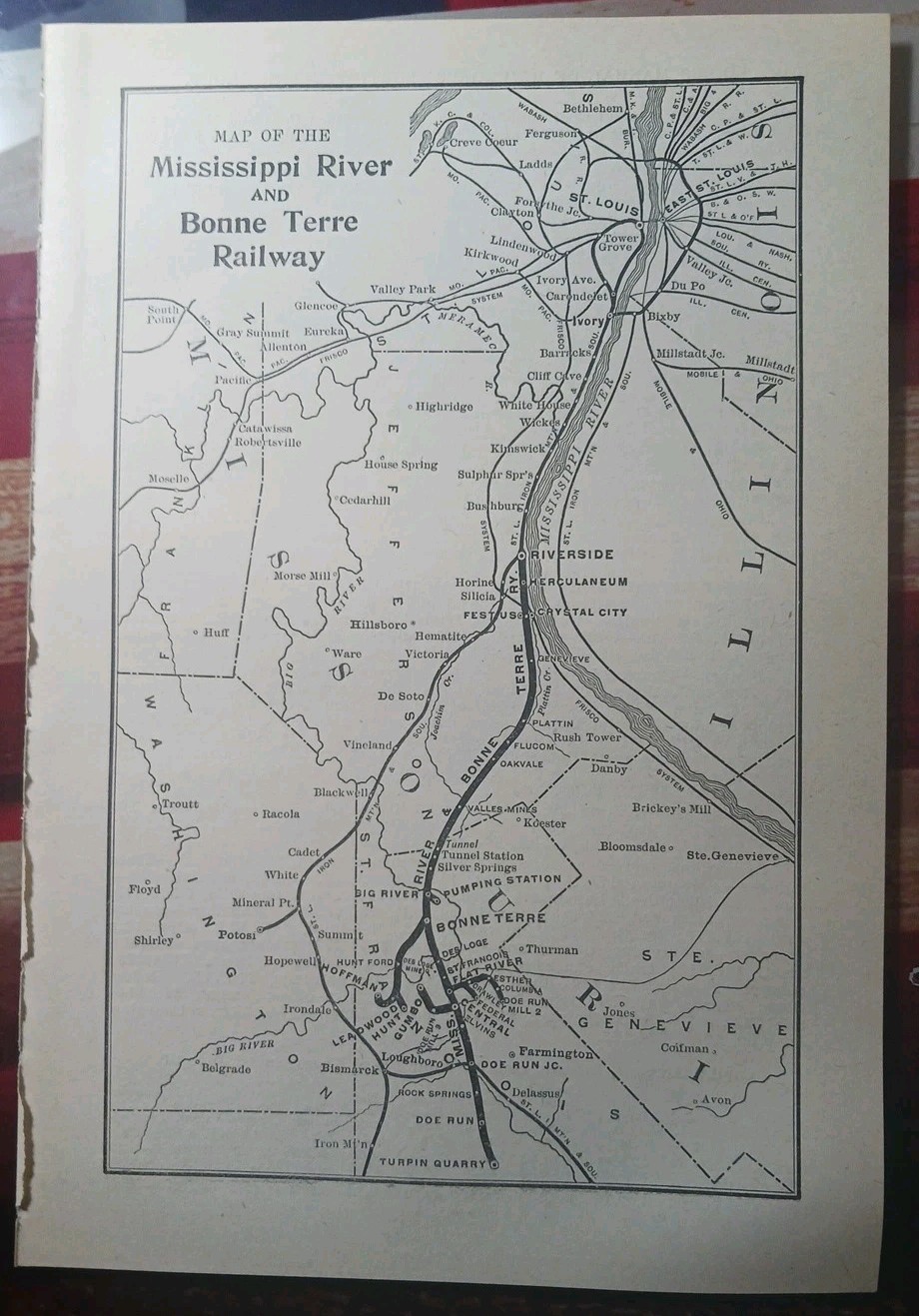 ~1910 Antique Train Map MISSISSIPPI & BONNE TERRE RAILWAY rare Missouri Railroad