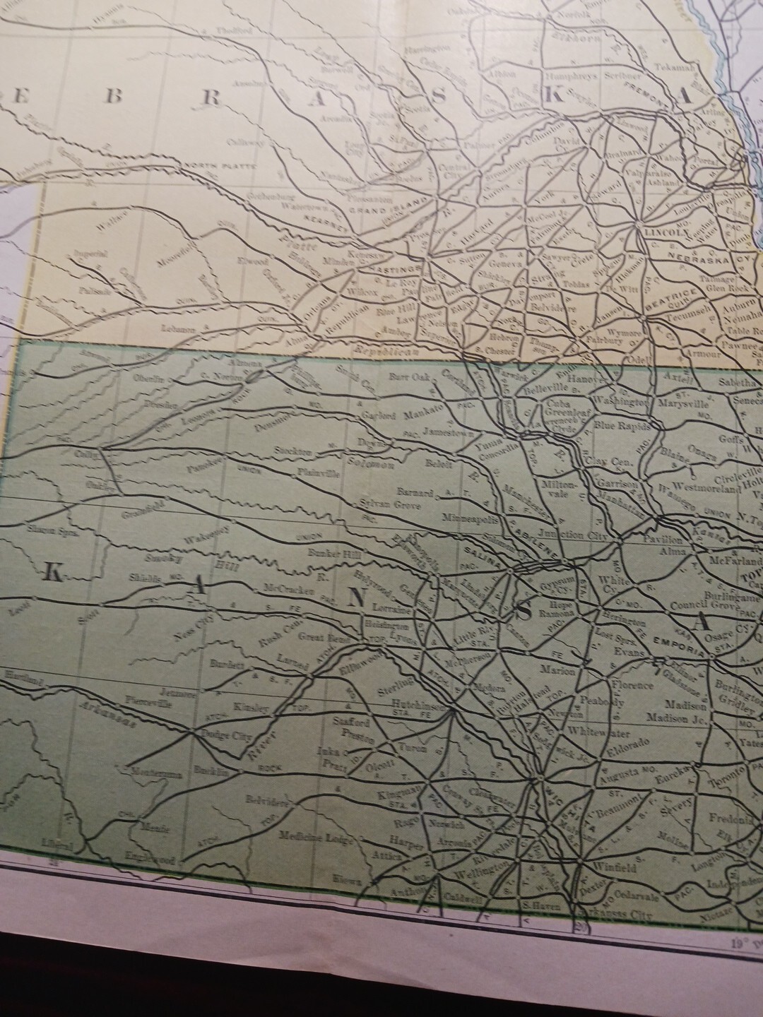 1902 Train Route Map NEBRASKA KANSAS All Railroad Lines Stations 11″×9″ Dated