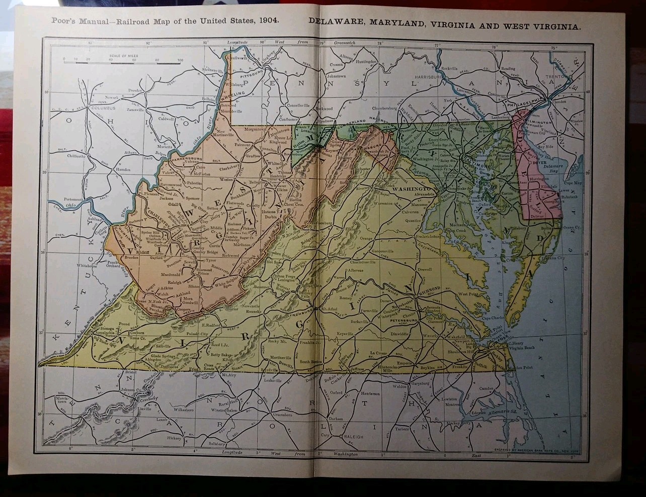 ~1904 Railroad Map West Virginia Maryland Delaware VA all lines Depots 11″x9″