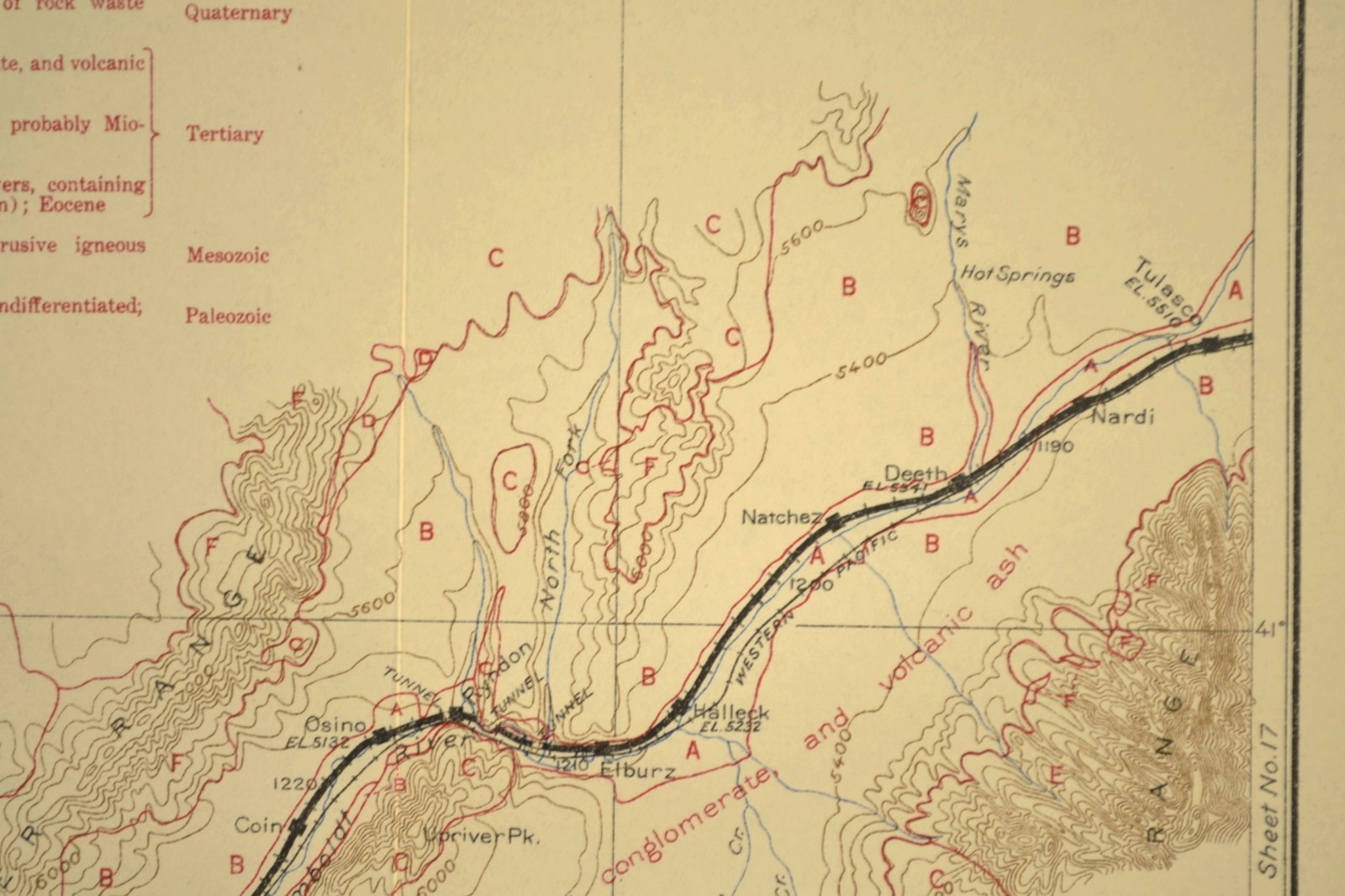 1915 Antique Central Pacific Railroad Map Elko Nevada Carlin Canyon Geological