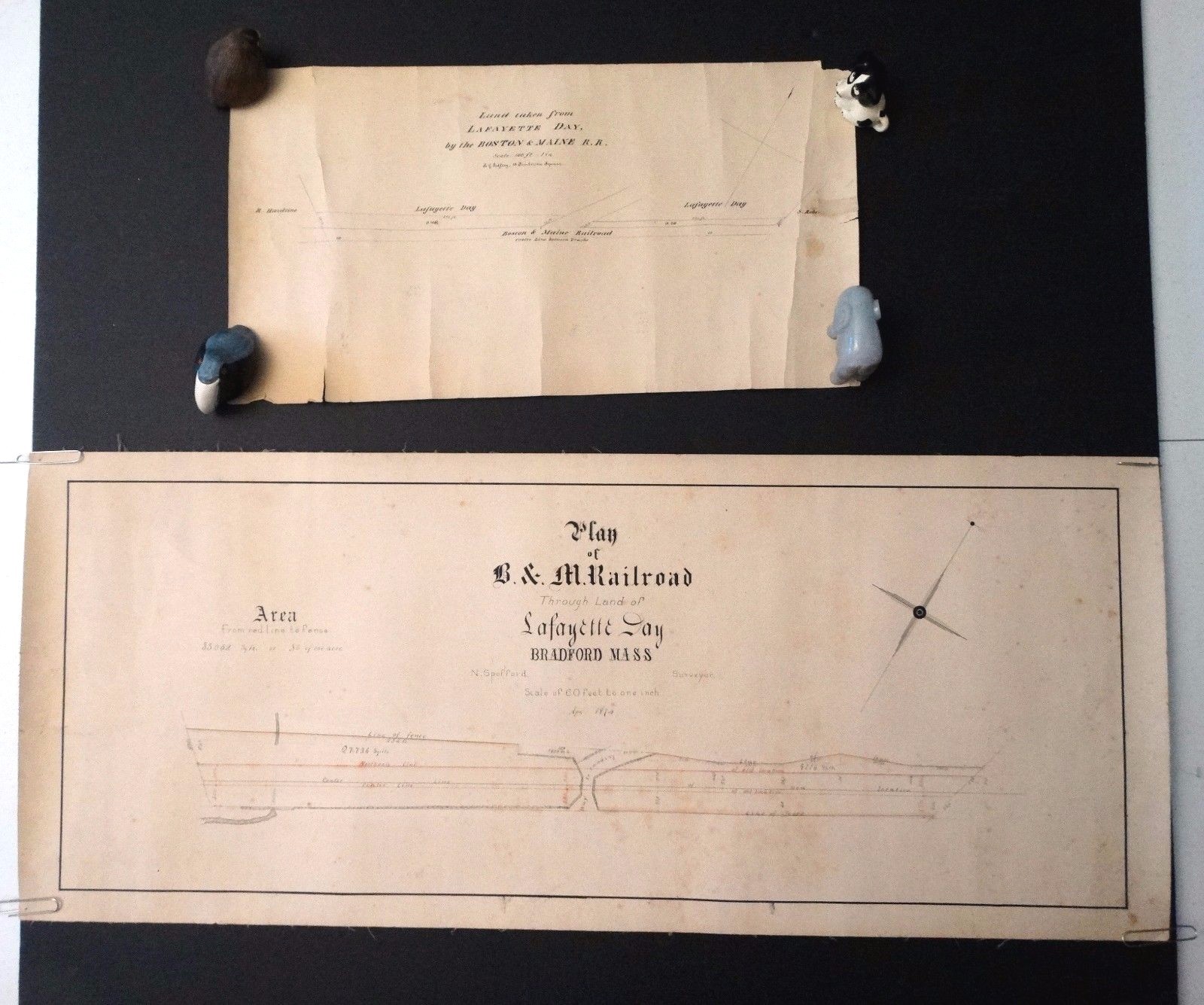 Antique RAILROAD MAP Lot of 2 BRADFORD MA April 1874 B & M Survey Lafayette Day