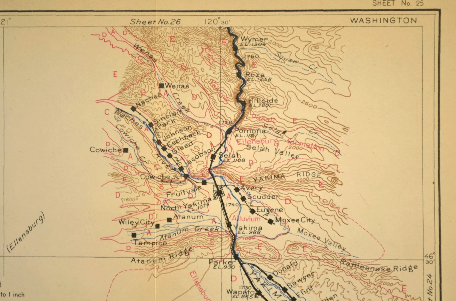 1915 Antique Northern Pacific Railroad Map Yakima Washington Toppenish WA OWR&N