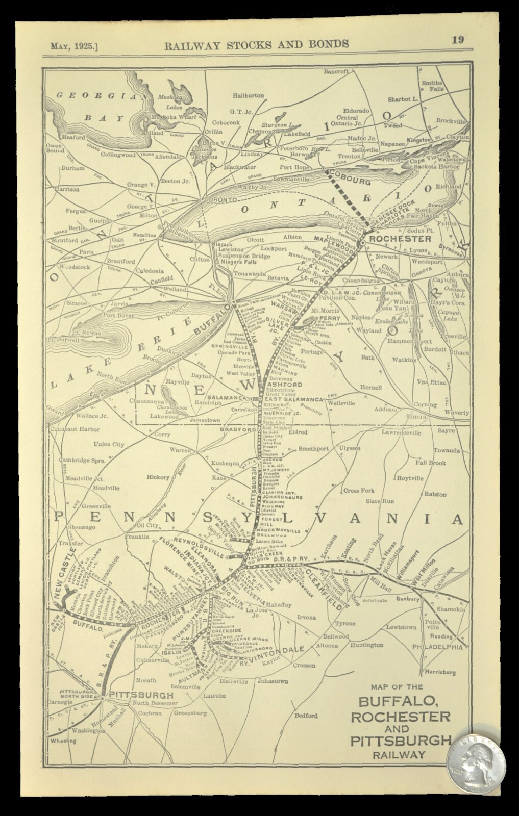 BUFFALO ROCHESTER PITTSBURGH Railway Map Clearfield Pennsylvania Railroad ca1925