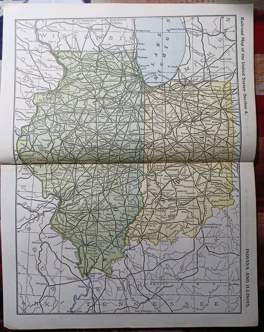 1897 Train Route Map ILLINOIS & INDIANA all Railroad Lines Station Marked 9″x11″