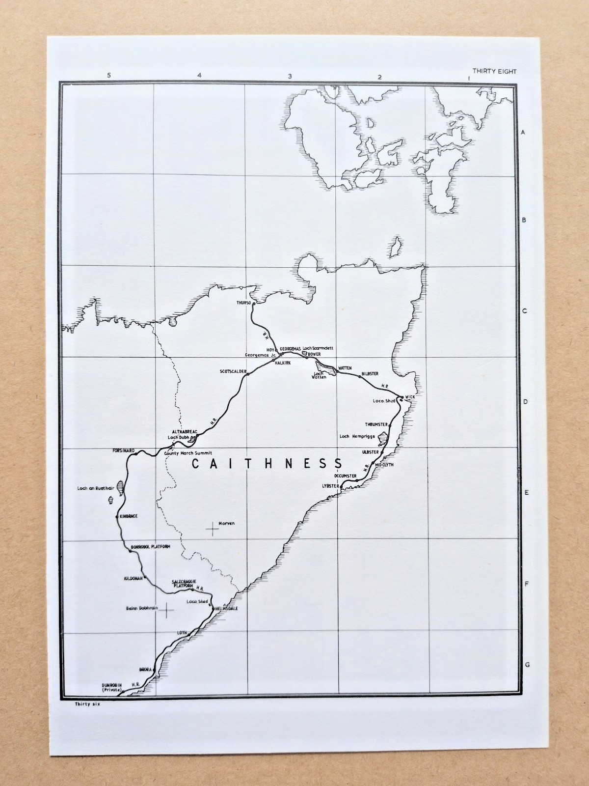 Vintage 1972 map showing Pre Grouping Rail Lines of Caithness, Scotland