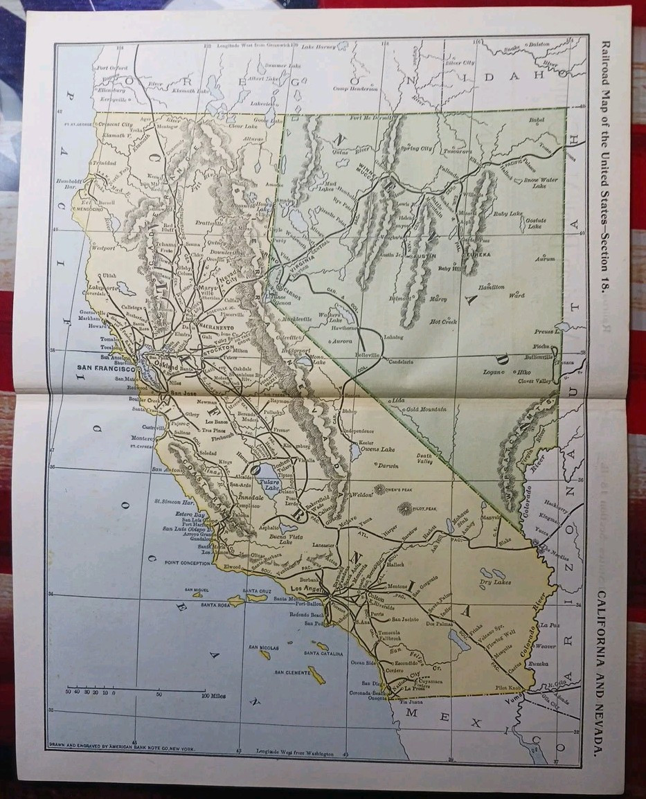 1897 Train Route Map CALIFORNIA & NEVADA all Railroad Lines Stations Towns 9×11″