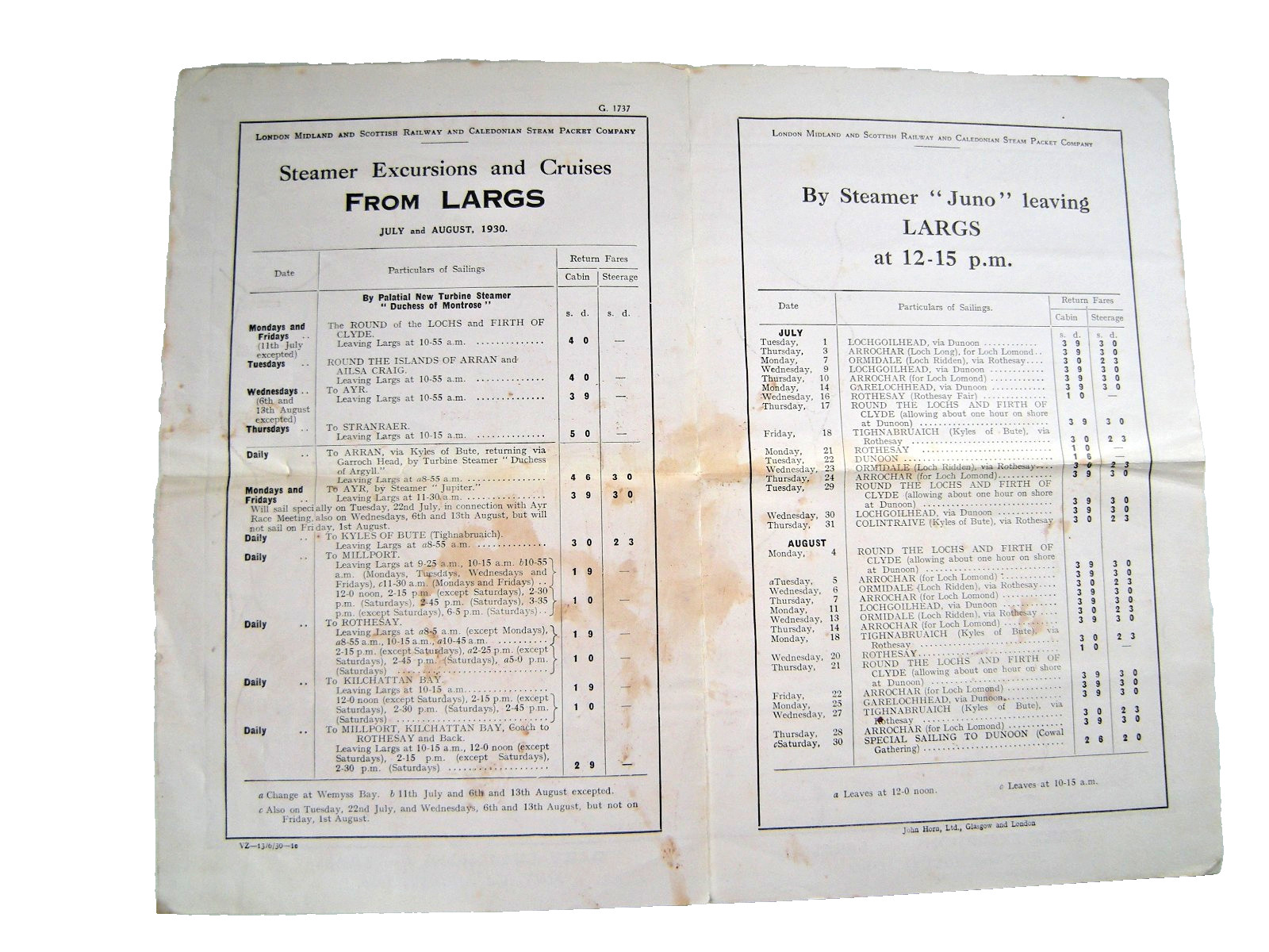 LMS Railway Map – The Clyde Coast. Excursions from Largs July & August, 1930. G+