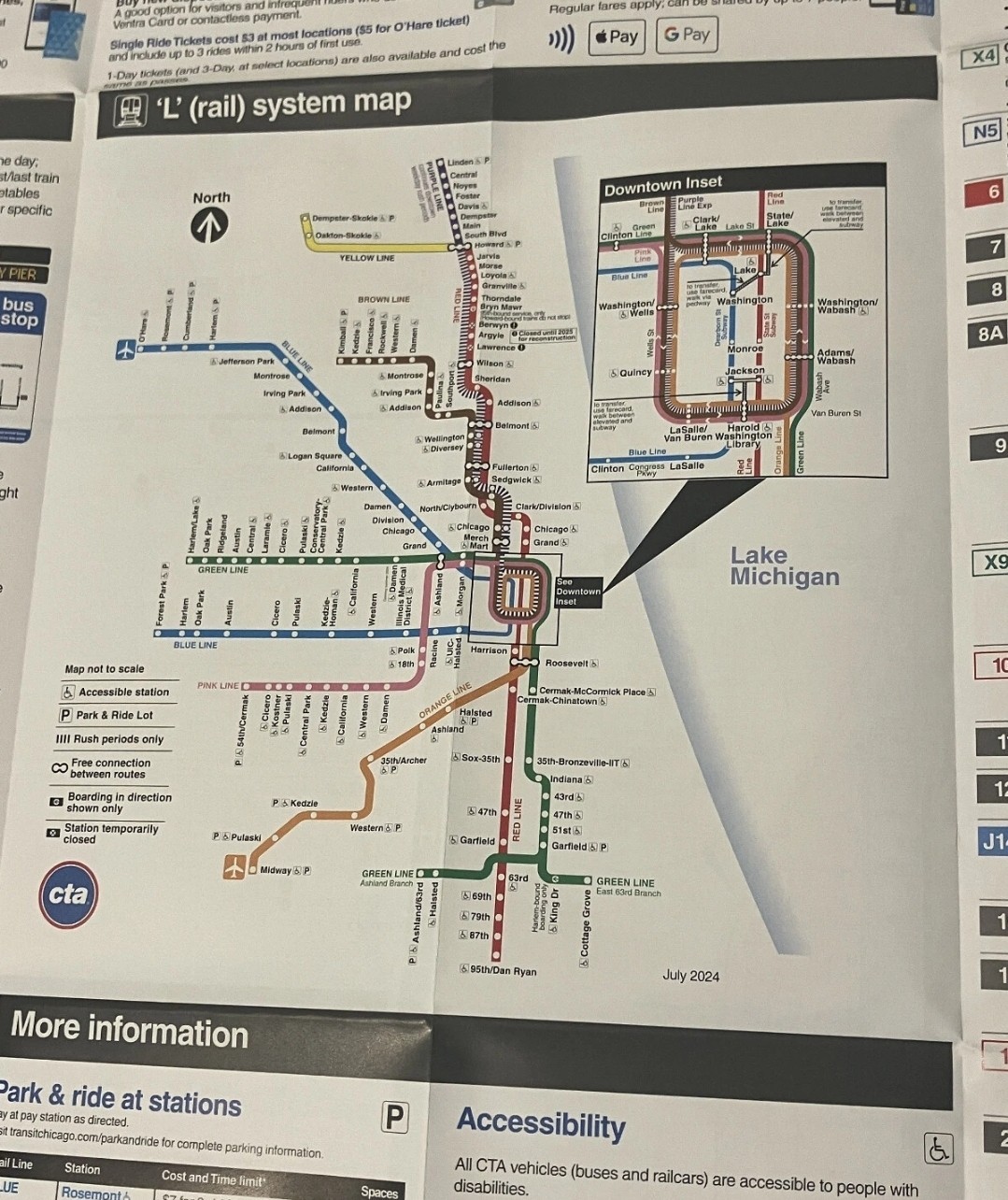 CHICAGO TRANSIT AUTHORITY (CTA) BUS and RAIL “L” MAP July 2024