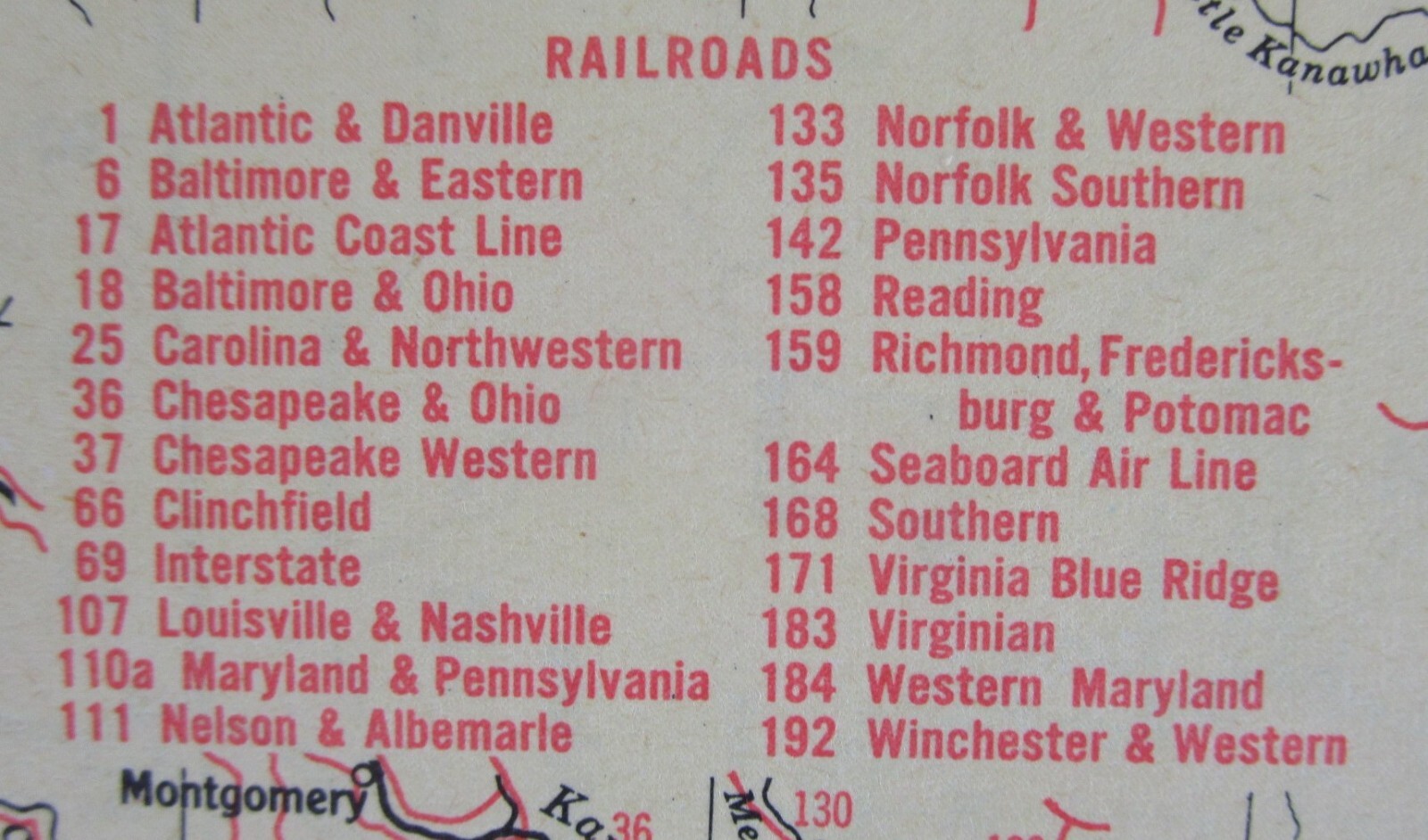 VA VT 1959 VIRGINIA RAILROAD Map B&O, C&O, WINCHESTER & WESTERN or VERMONT