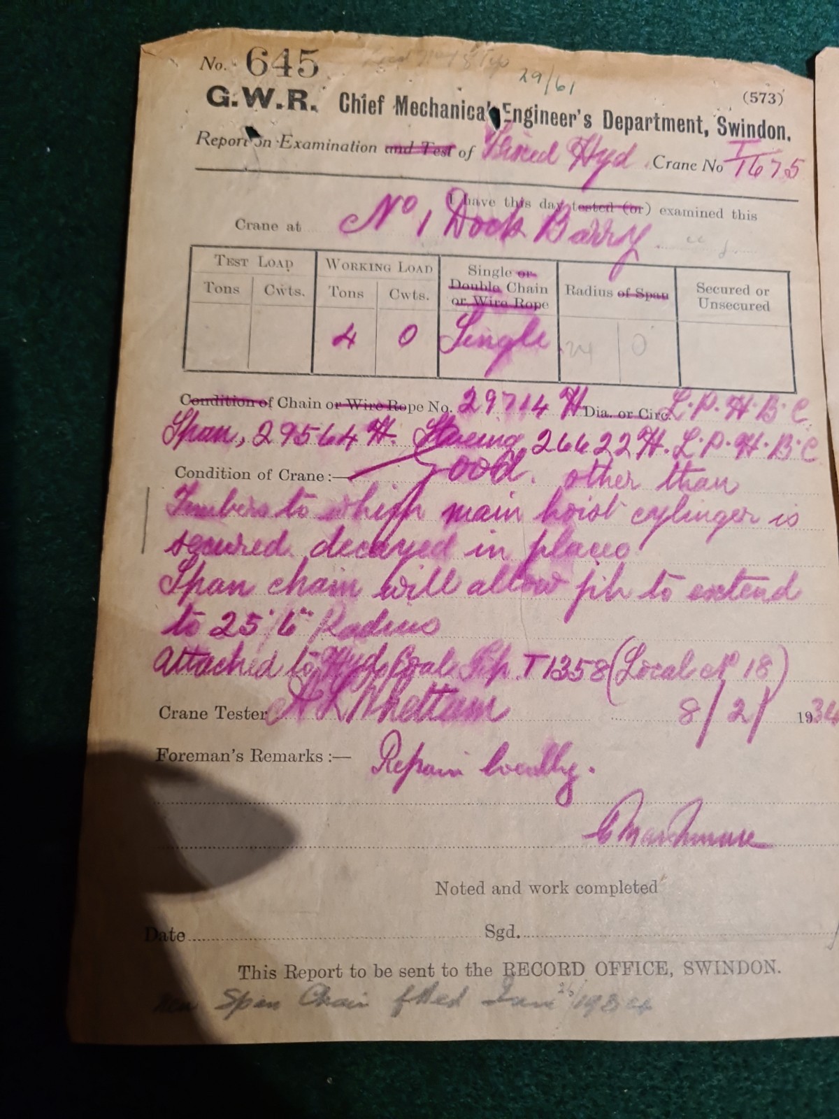 GWR Railway Barry No1 & 2 Docks – Portable Hyde – 1934 – Chief Engineers Dep